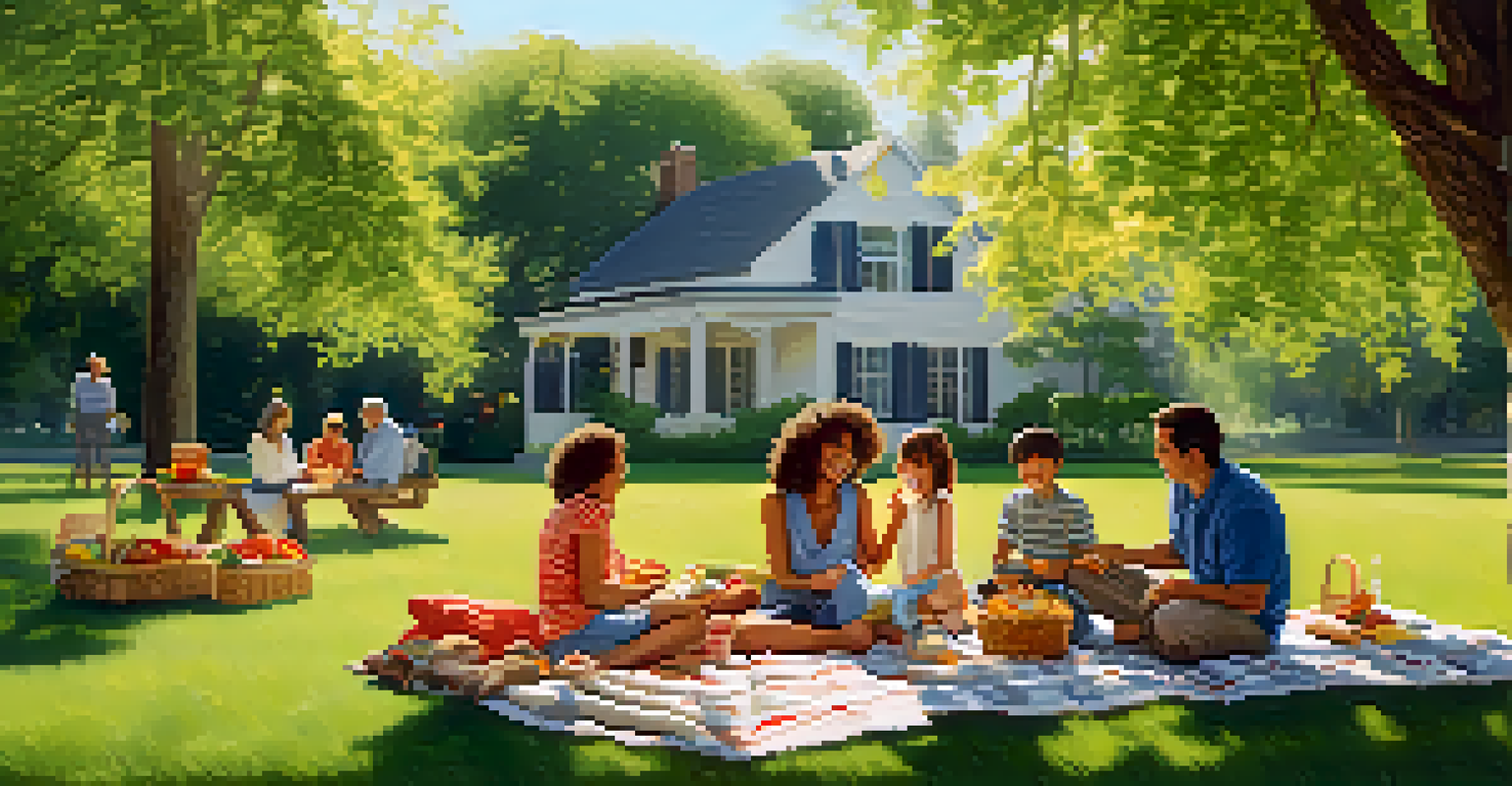 A diverse family having a joyful picnic in a green park, enjoying food and games together under a large tree.
