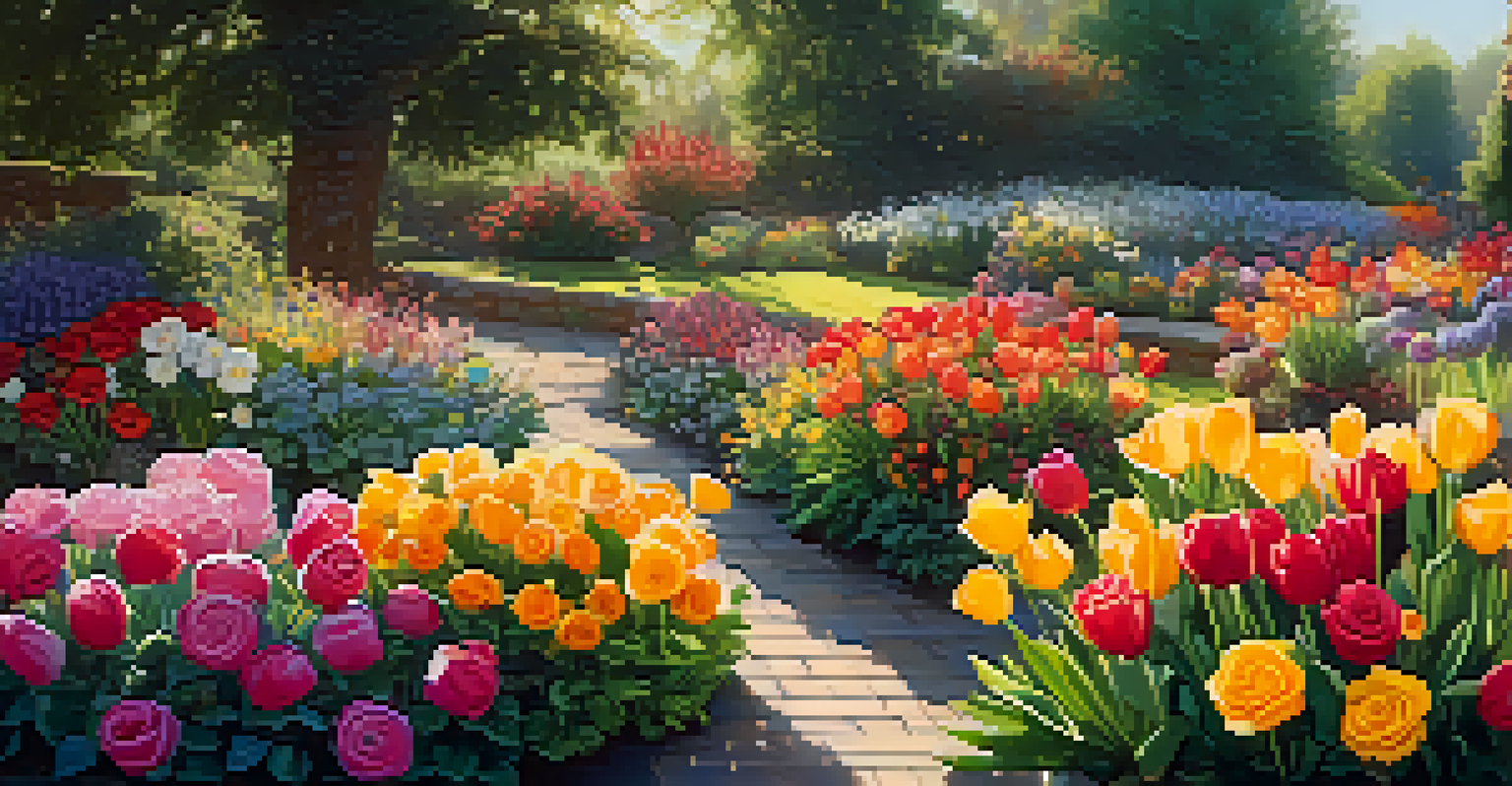 A colorful flower garden in bloom with various flowers and a bee hovering nearby.