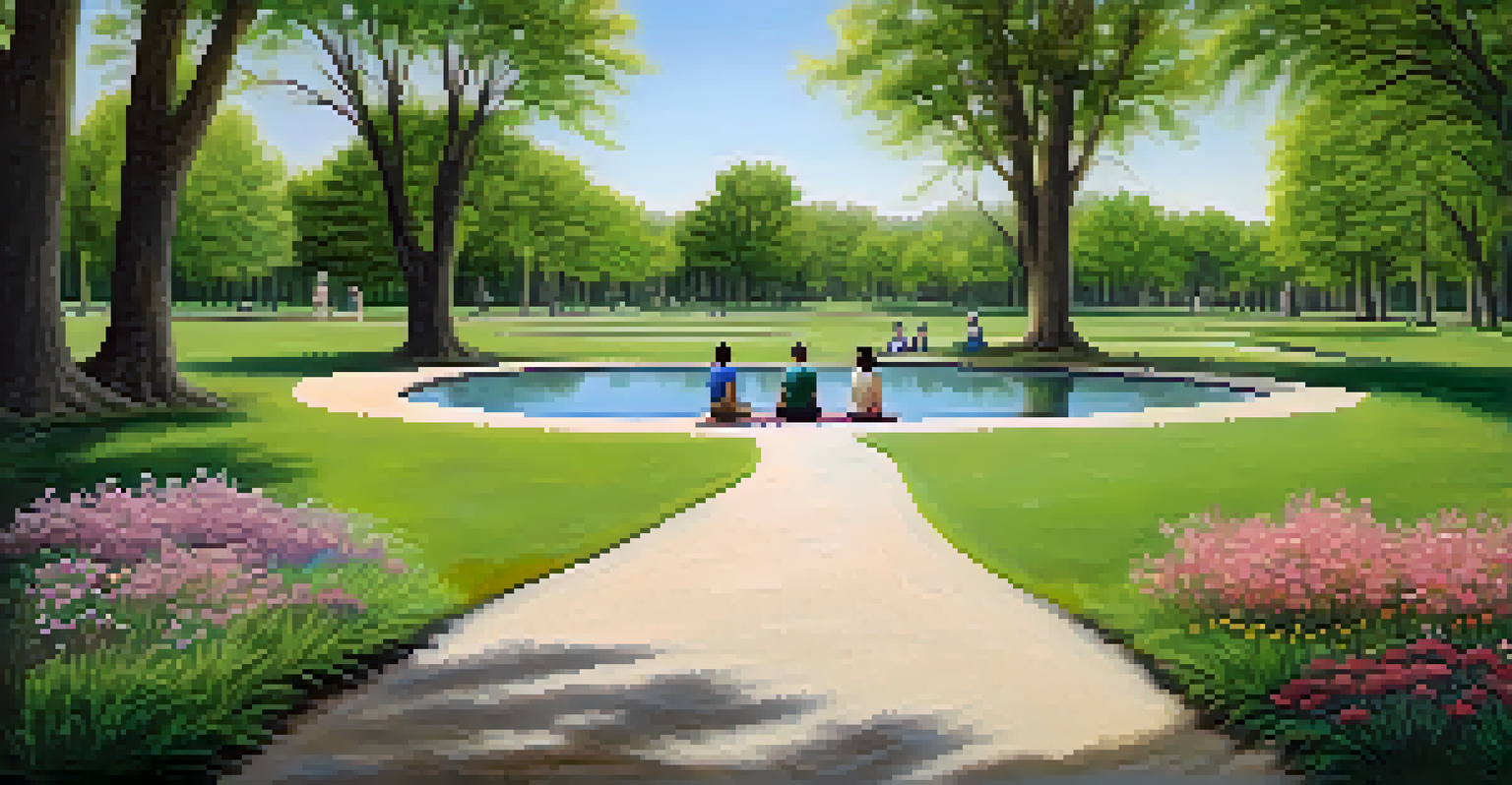 A tranquil park scene with diverse individuals practicing mindfulness and meditation, symbolizing recovery and healing.