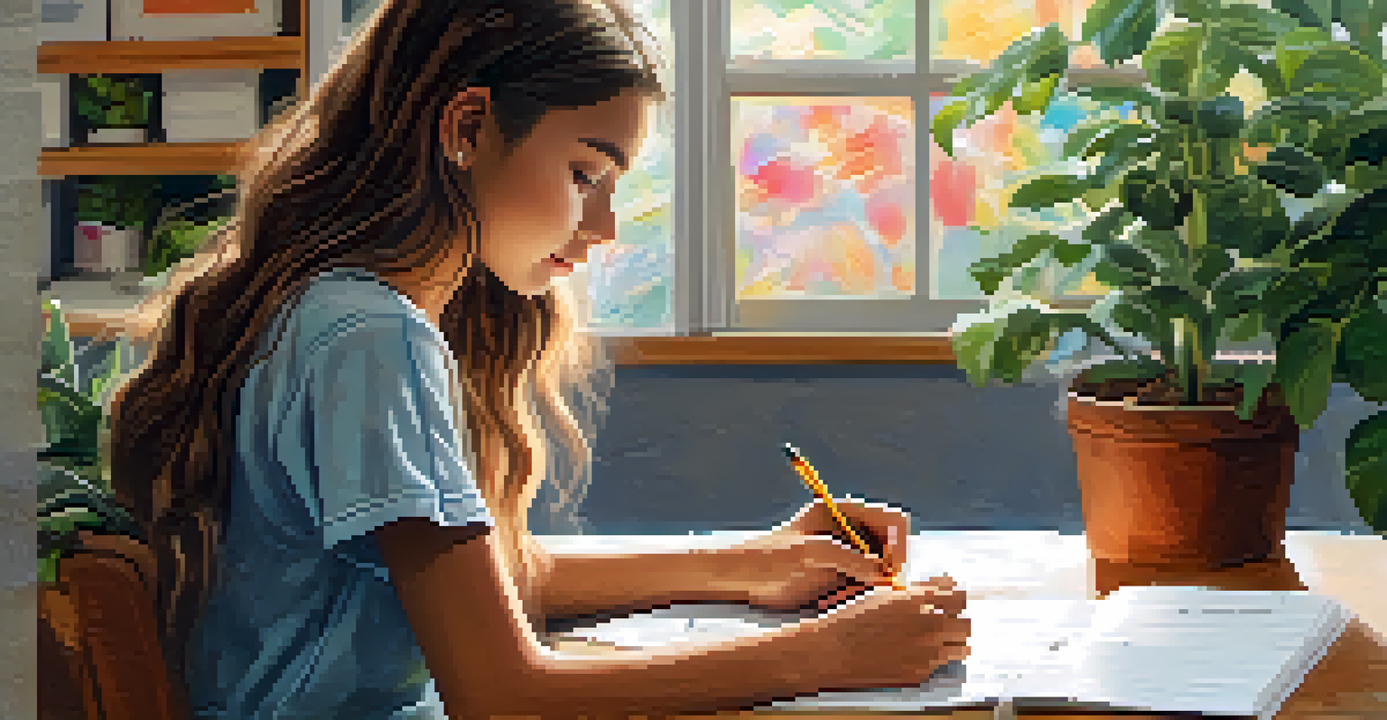 A teenage girl writing in a journal, surrounded by a cozy workshop environment filled with plants and inspirational quotes.