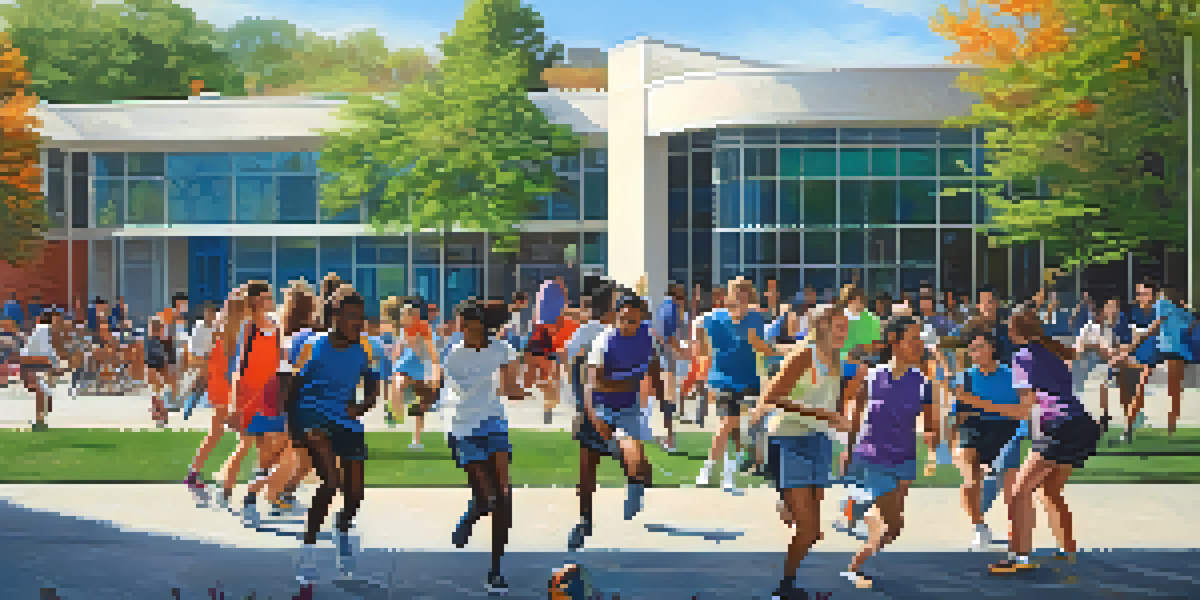 A diverse group of teenagers participating in positive activities like sports and community service in a high school setting.