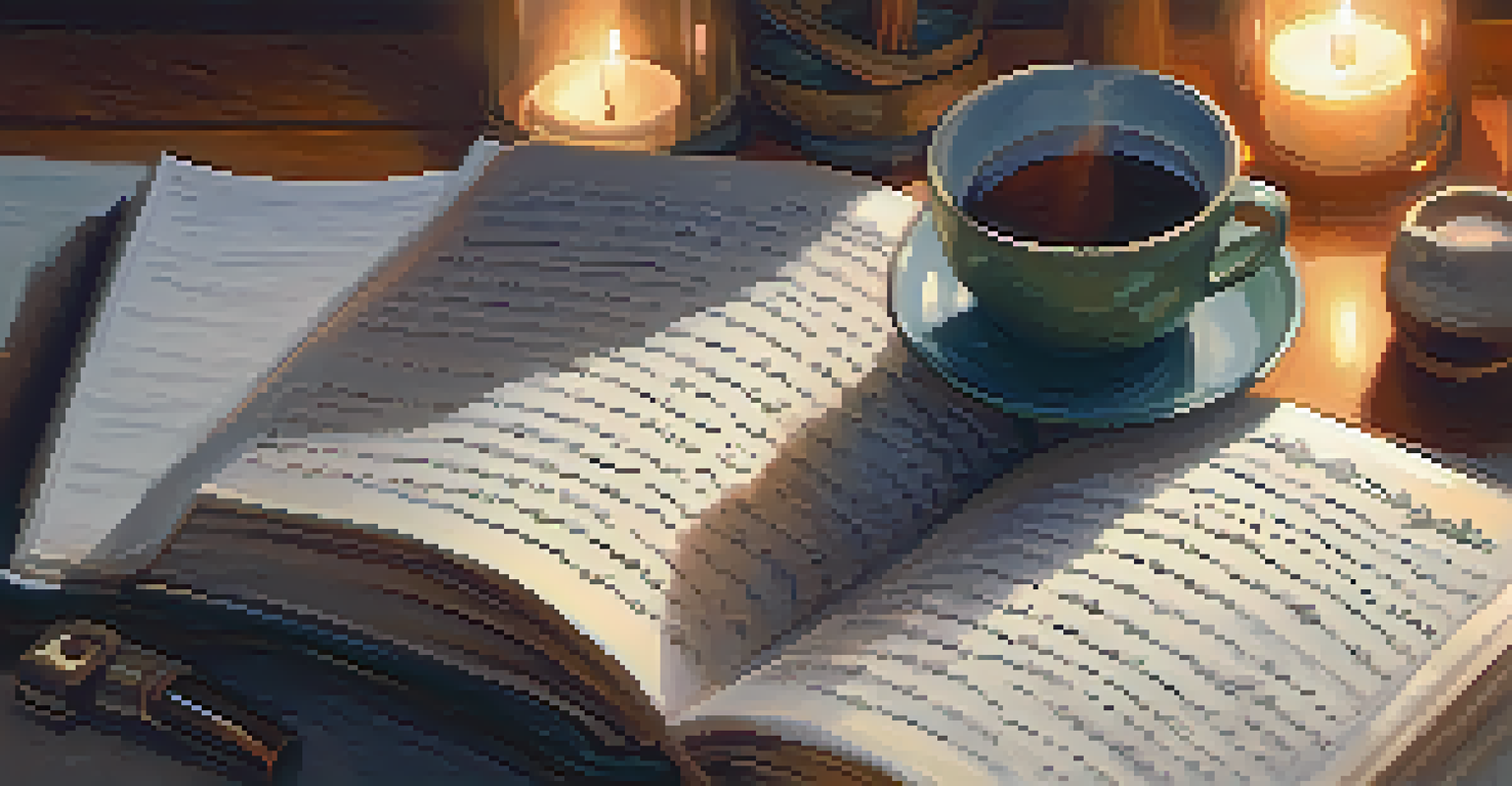 Close-up of hands writing in a journal next to a cup of tea in a warm and cozy setting.