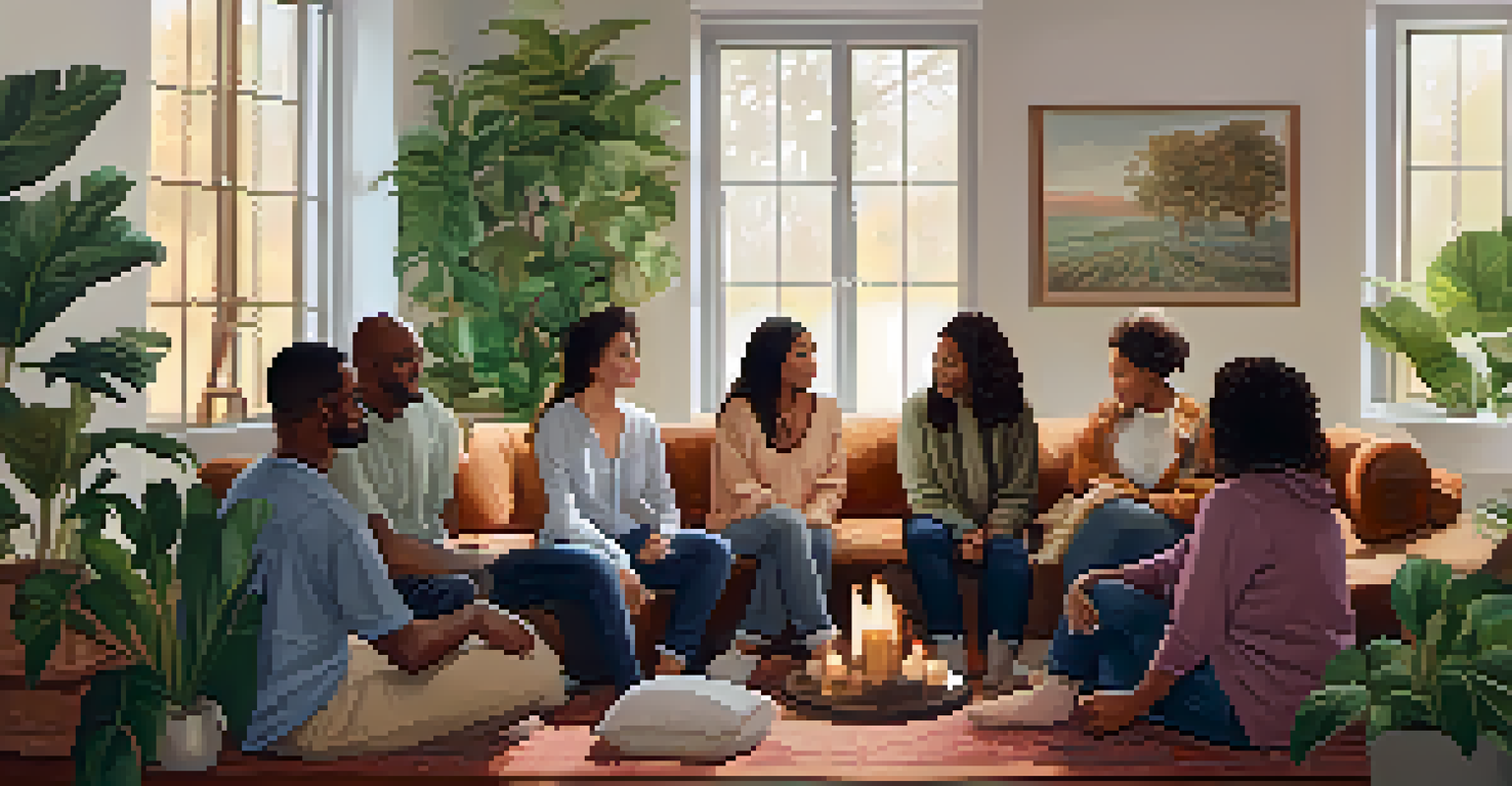 A diverse group of people sitting in a circle in a warmly lit room, engaged in a supportive conversation.