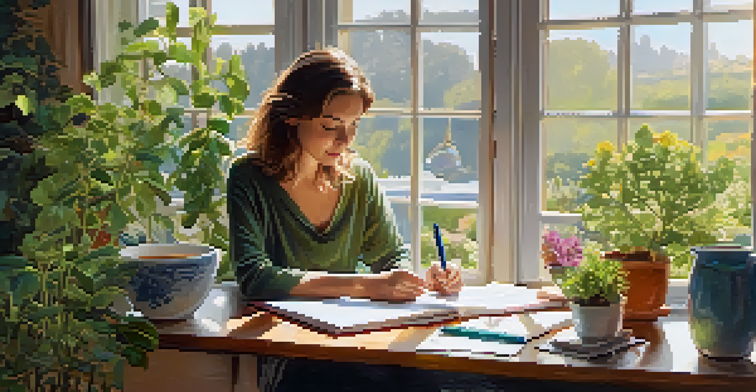 A person journaling with a pen in hand, surrounded by a cup of tea and a small plant, in a bright and airy space.