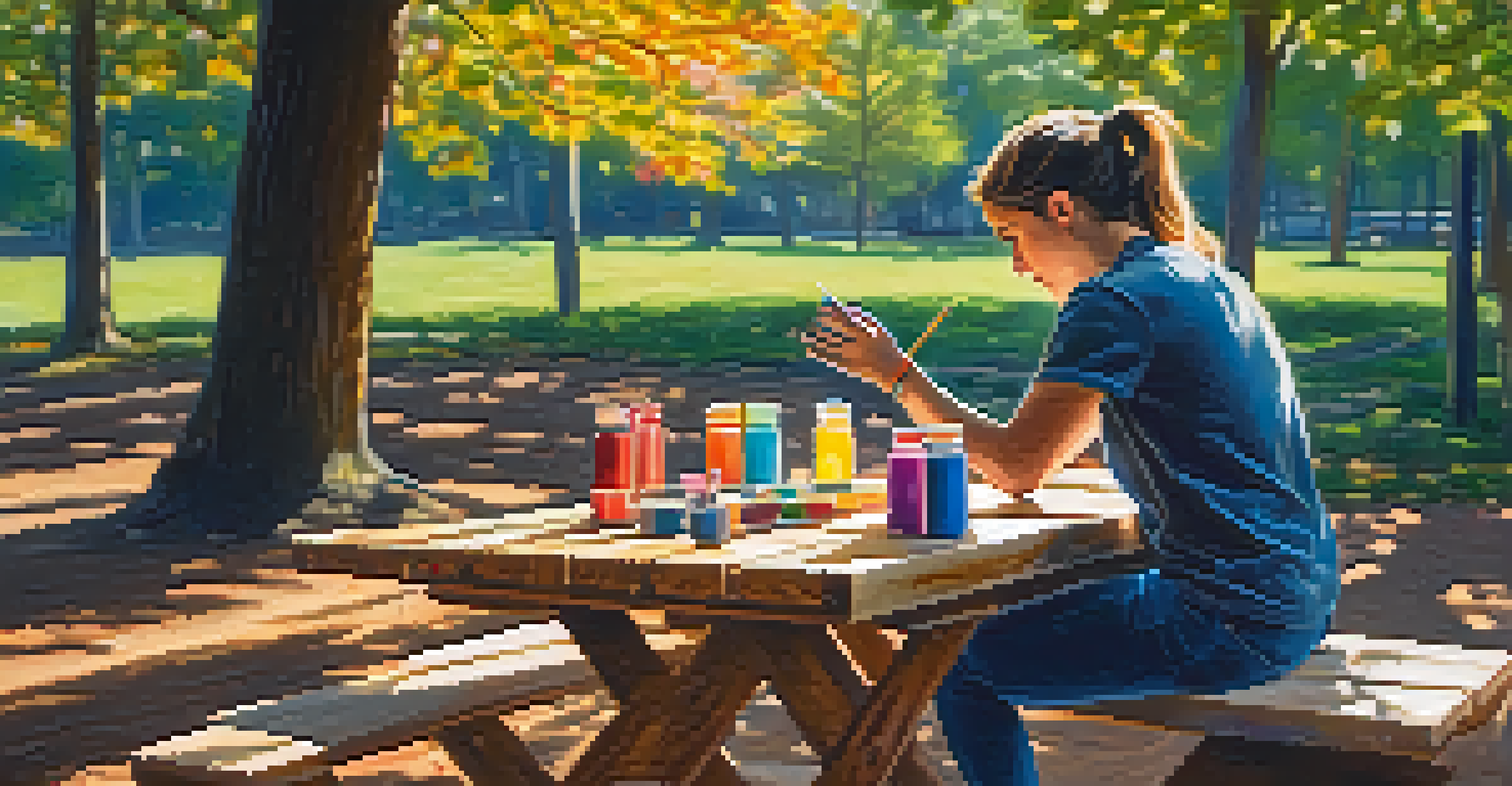 An LGBTQ+ youth creating art in a peaceful outdoor setting, surrounded by nature.