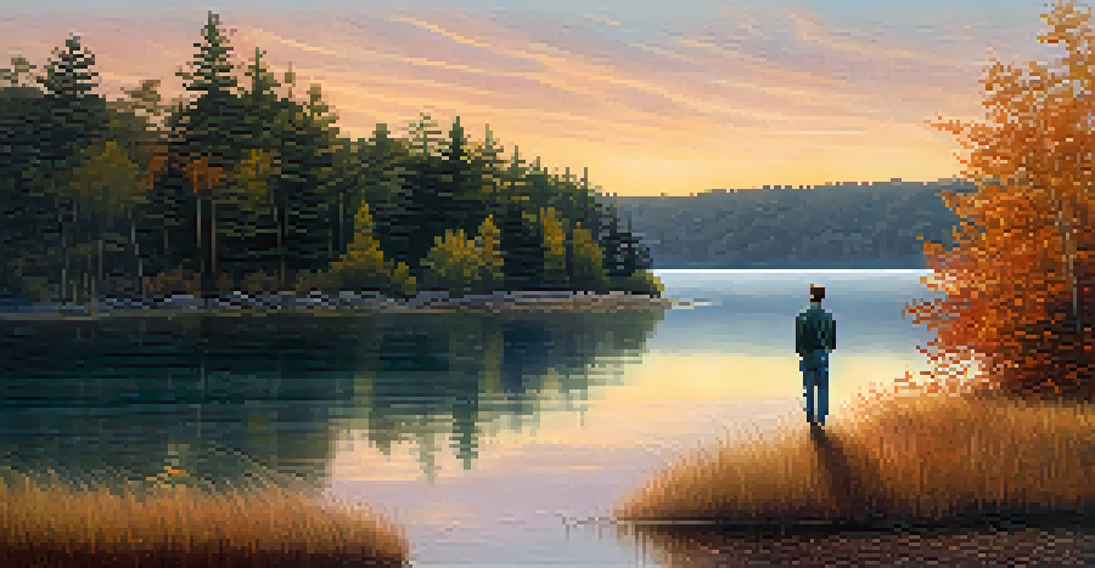 A person standing by a lake at sunrise, looking at their reflection, surrounded by colorful autumn trees.