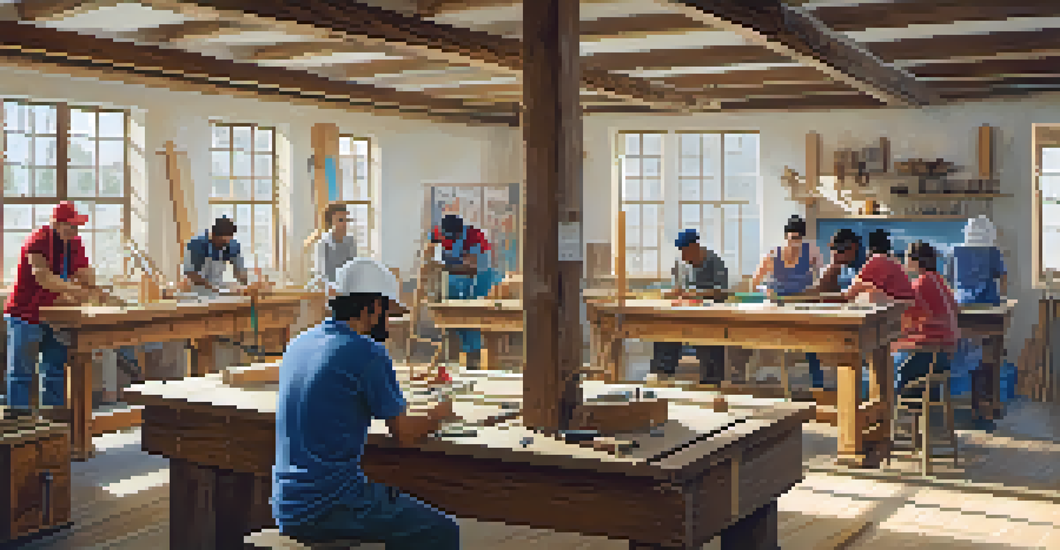 A vocational training workshop with a mentor teaching diverse individuals various skills, surrounded by tools and materials.