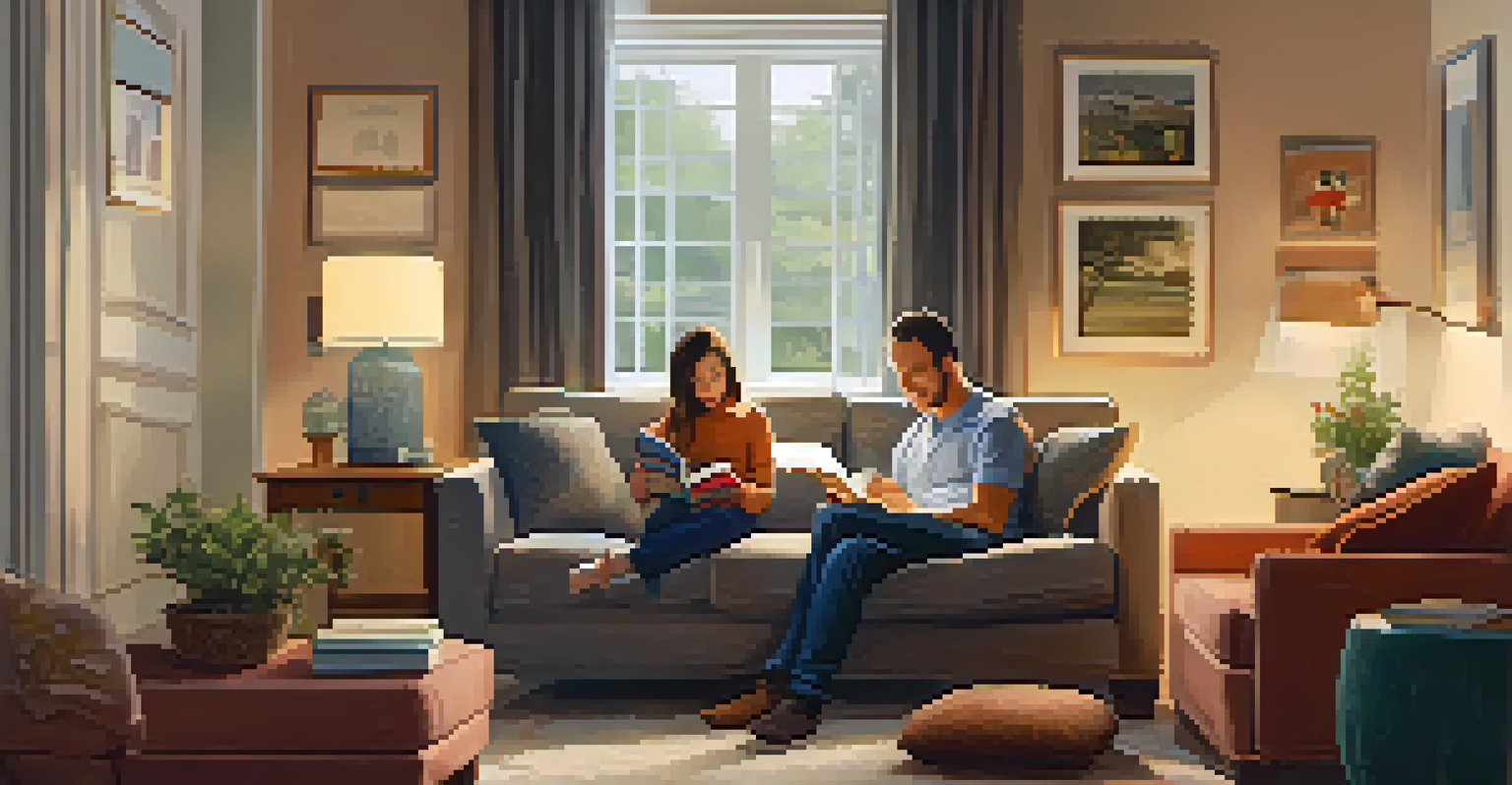 A parent reading a story to their child on a cozy couch in a warmly lit living room, showcasing a loving family moment.