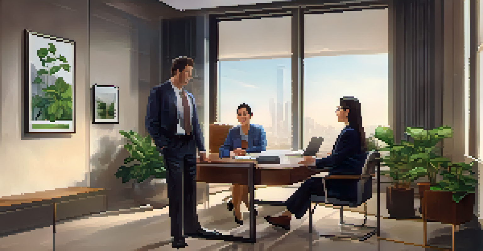 A manager and an employee engaged in a one-on-one conversation in a private office, with warm lighting and a plant on the desk.