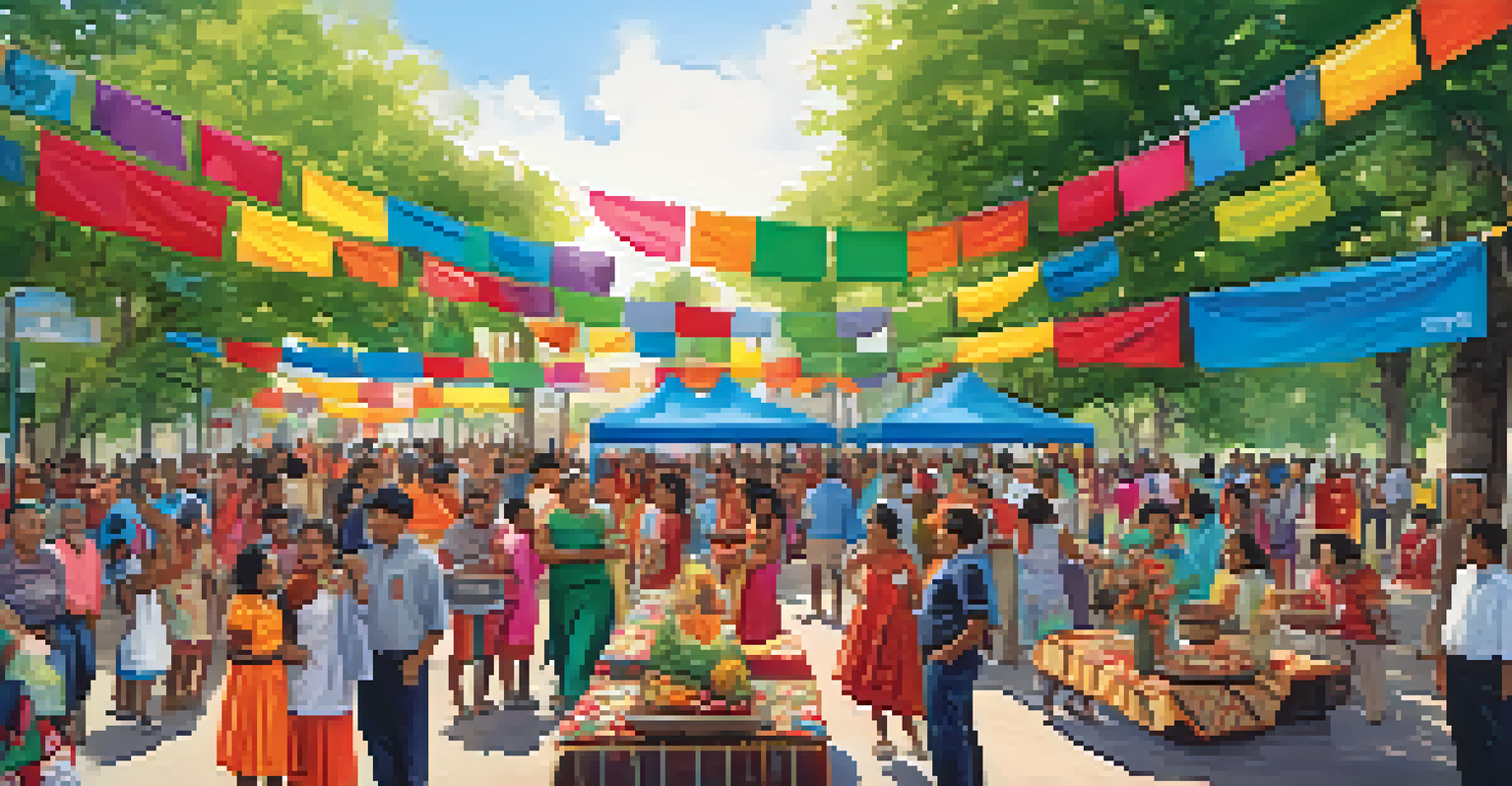 A lively community gathering in a park with diverse people enjoying music, dance, and food, surrounded by colorful decorations and banners.