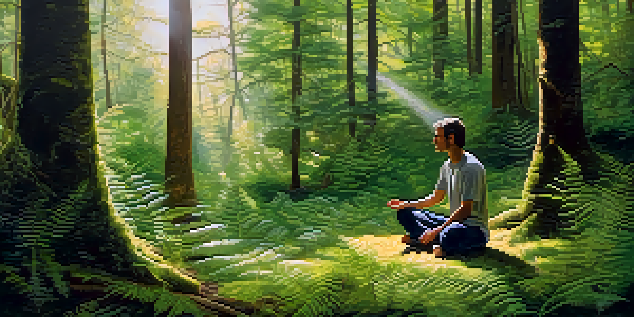 A person meditating in a tranquil forest, surrounded by greenery and soft sunlight filtering through the trees.
