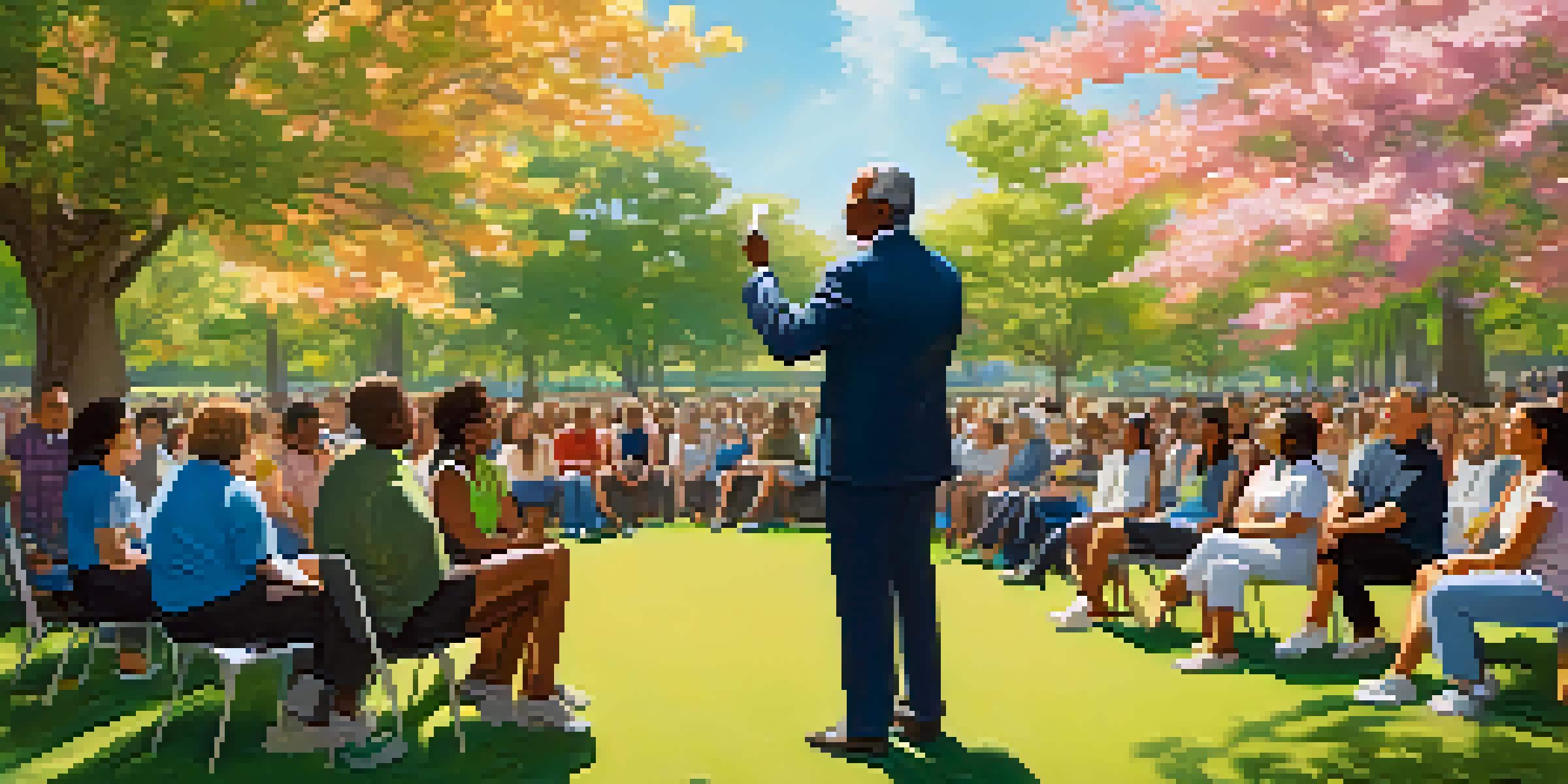 A community leader addressing a diverse audience in a park, sharing experiences about addiction awareness, with colorful trees and flowers surrounding them.