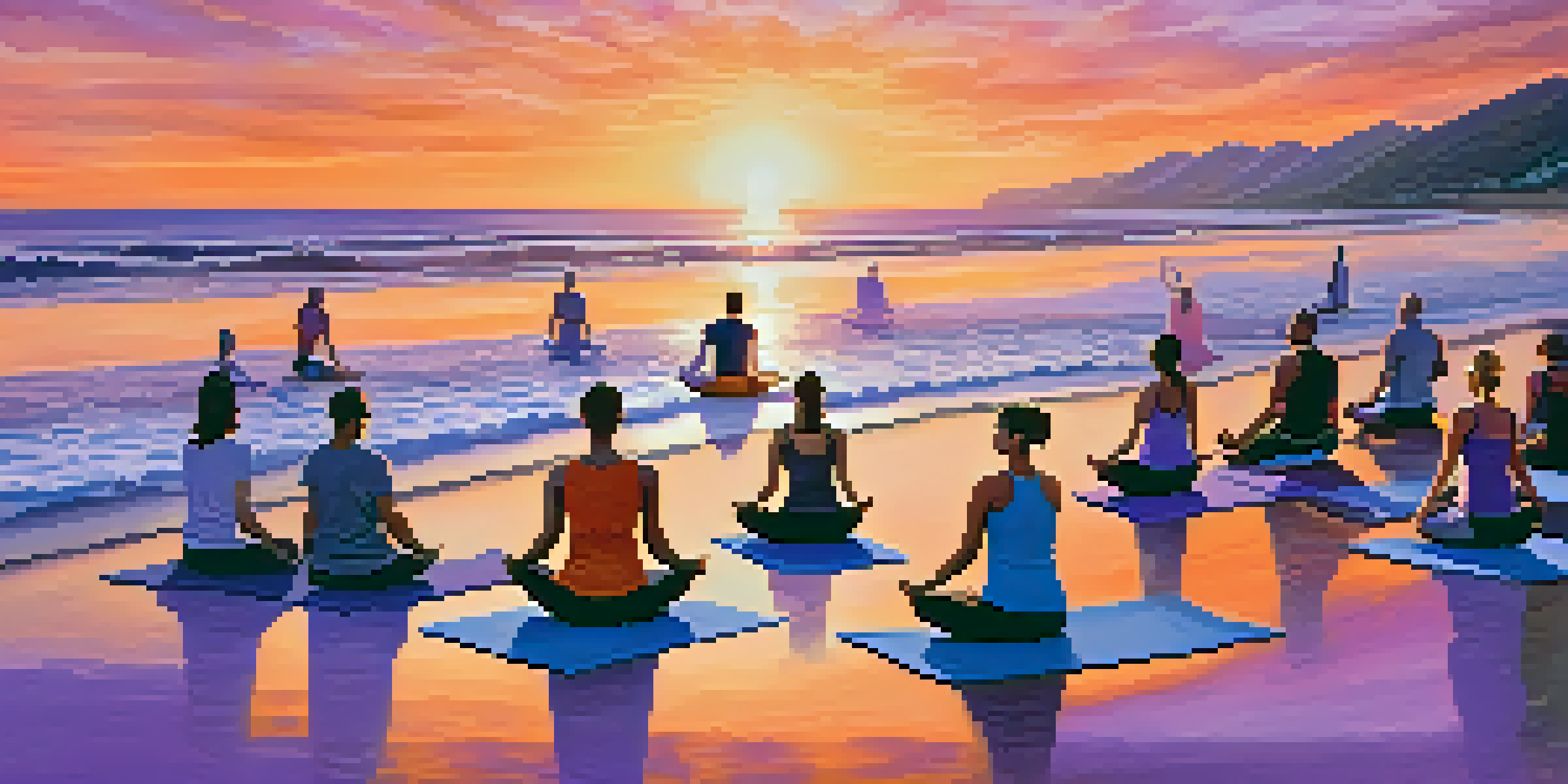 A group of individuals practicing yoga on a beach at sunset, with colorful skies and gentle waves in the background.