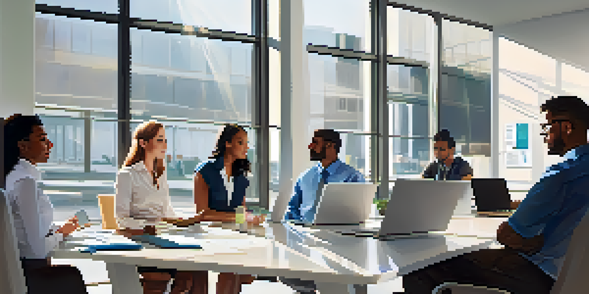 A diverse group of employees having a discussion in a bright office about workplace safety, with laptops and motivational posters around them.