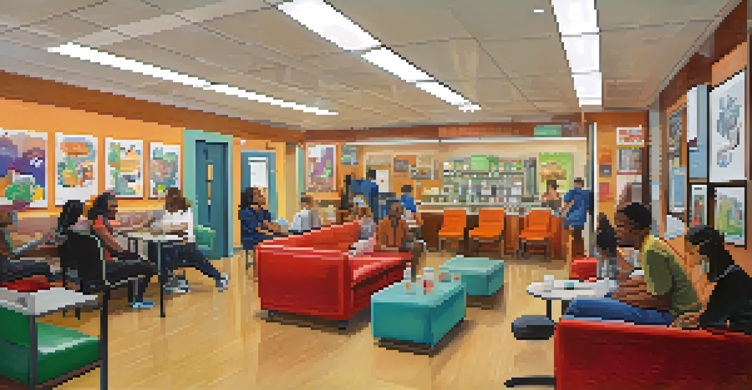 A safe consumption space with individuals being supervised by trained staff, surrounded by comfortable seating and health resources.