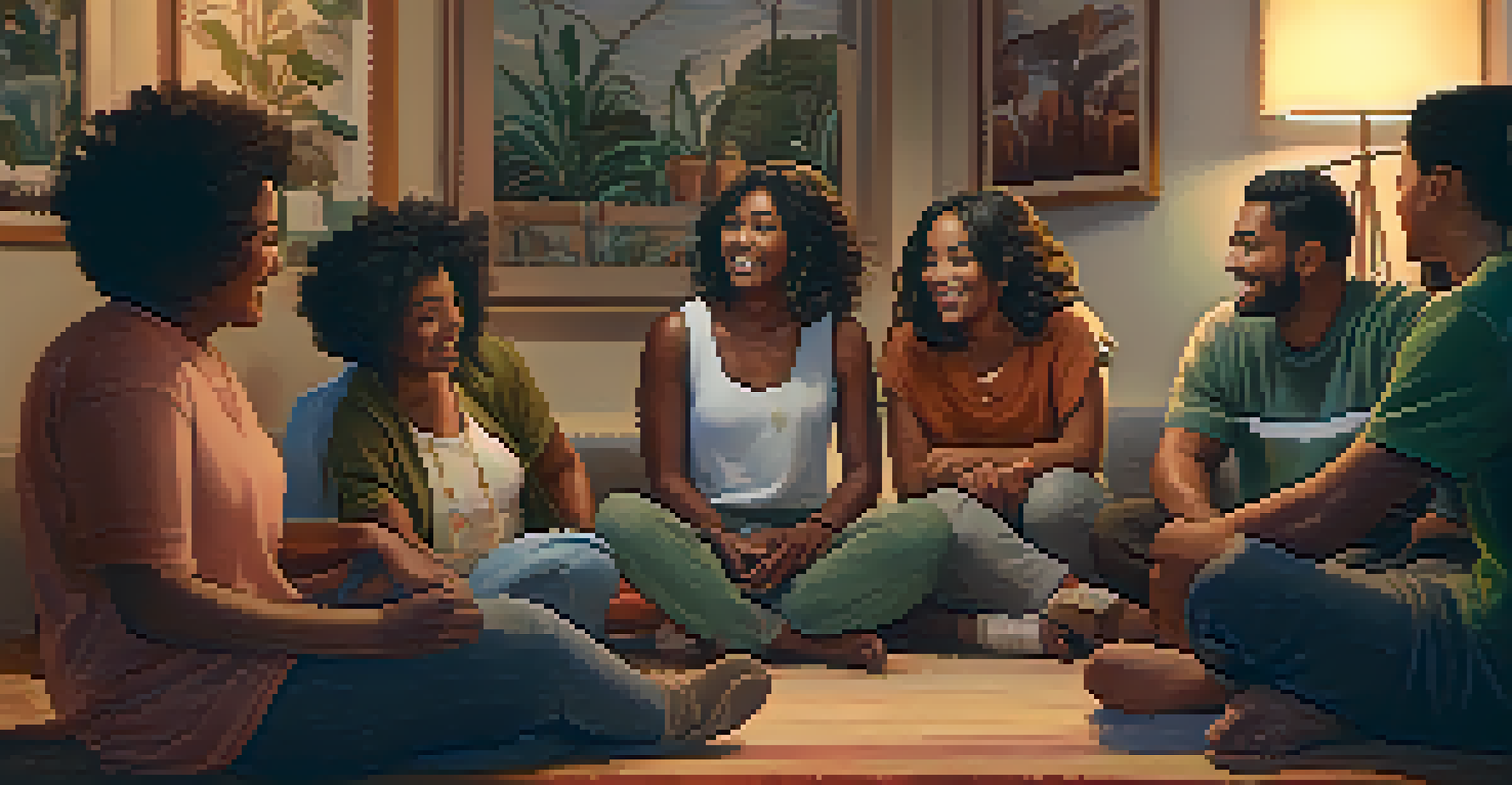 A group of people sitting in a circle in a cozy room, sharing experiences and support.