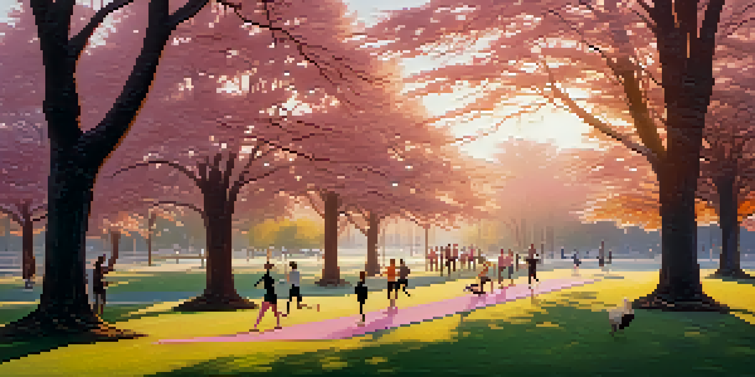A peaceful park at dawn with diverse individuals practicing different exercises, illuminated by soft morning sunlight.