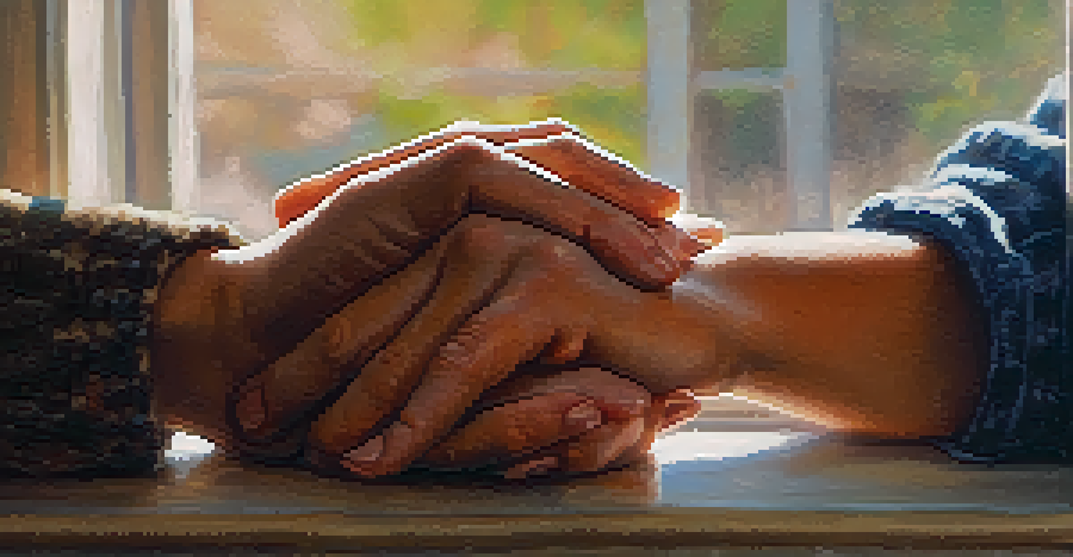 Two hands clasped together in a supportive gesture, symbolizing friendship in a warm and serene environment.
