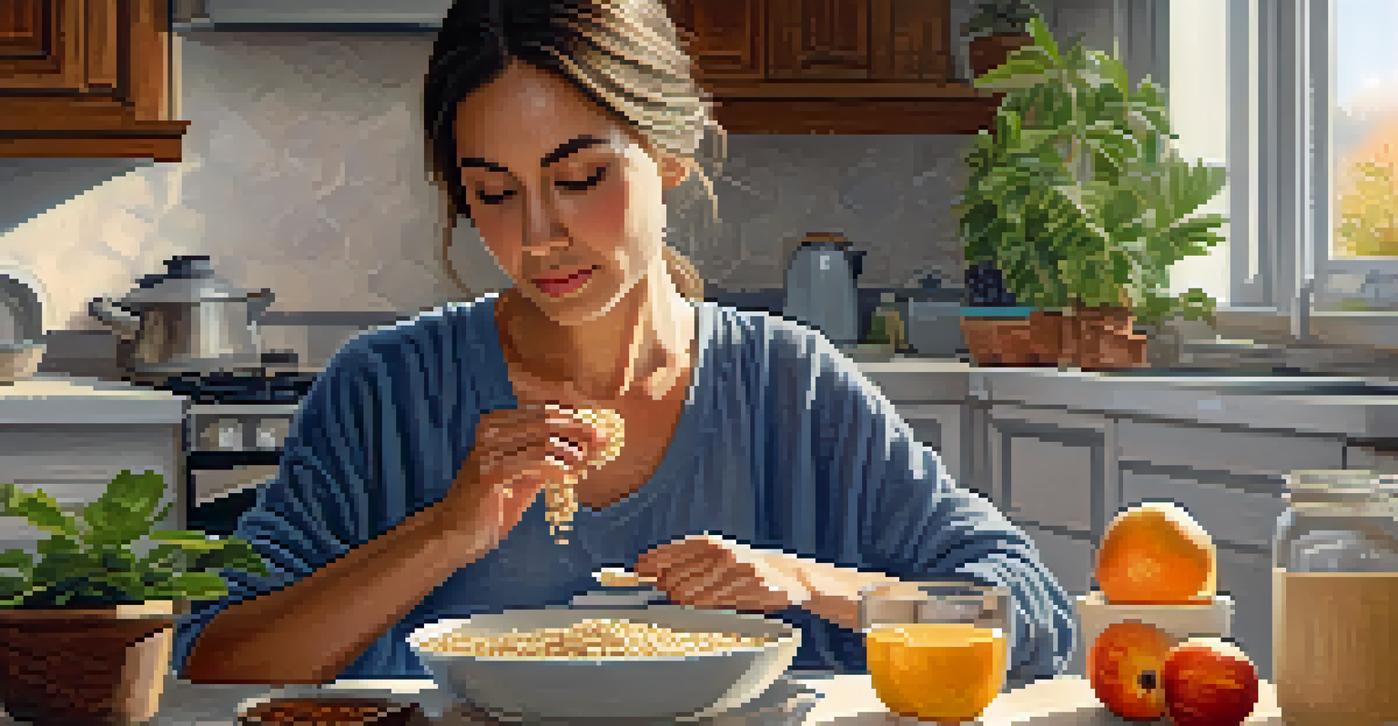 A person sitting at a table, enjoying a bowl of oatmeal with fruits, practicing mindful eating in a peaceful environment.