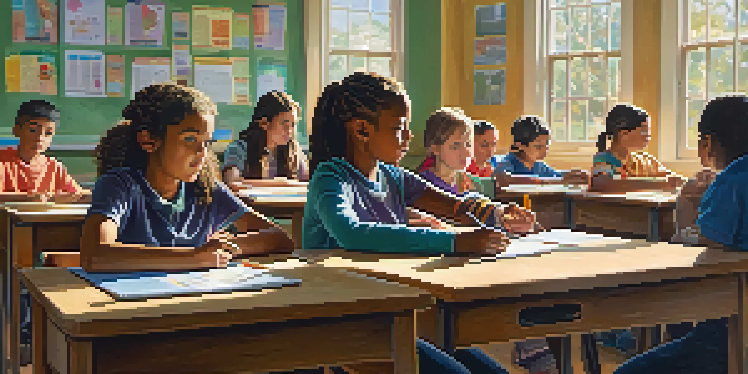A classroom scene with children learning about addiction prevention, featuring a teacher and educational posters.