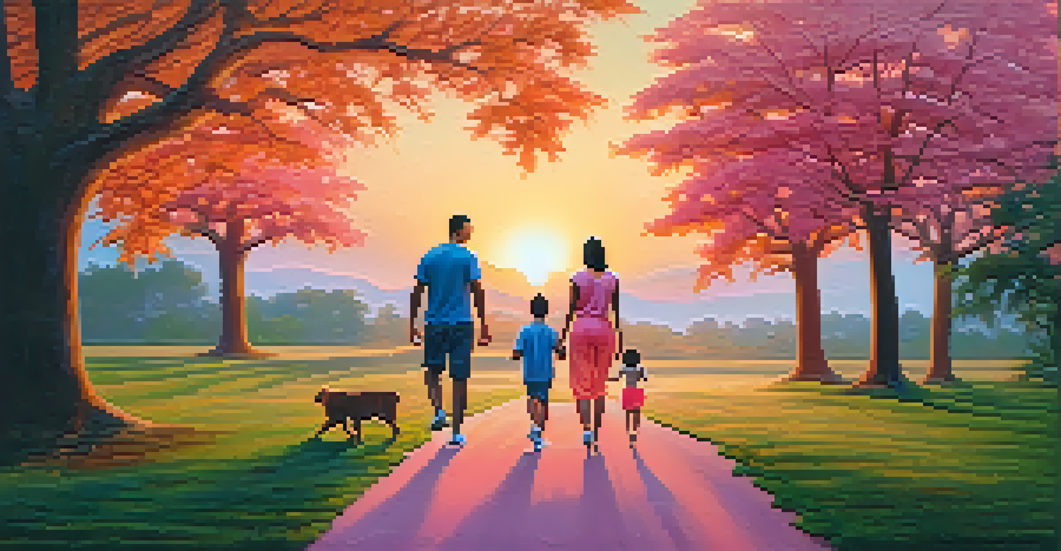 A family walking together in a park during sunset, surrounded by vibrant colors and greenery.