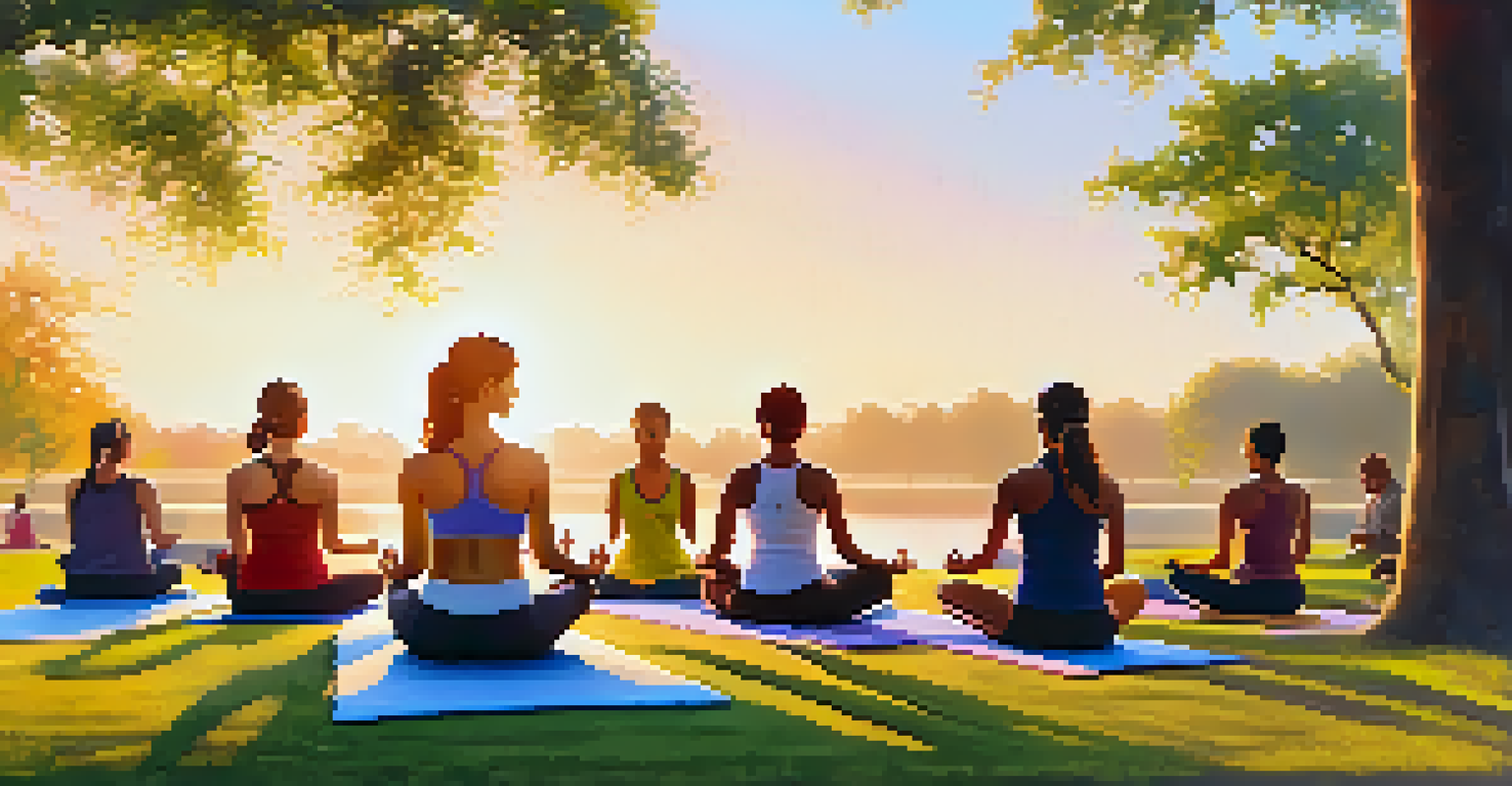 A group of individuals practicing yoga in a park at sunrise, surrounded by nature and vibrant colors in the sky.