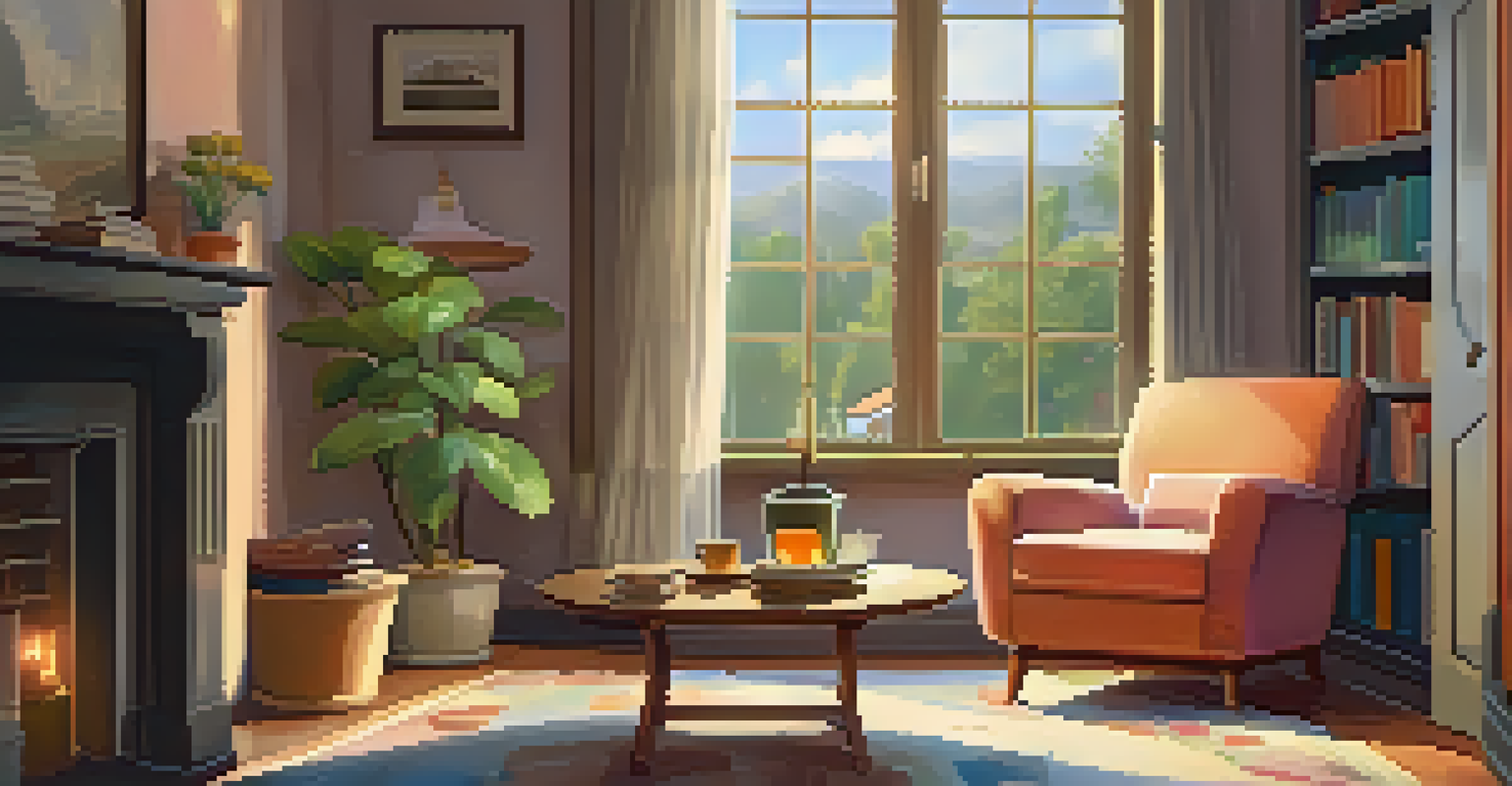 A cozy living room with an armchair, bookshelf, and a view of a garden through a window.
