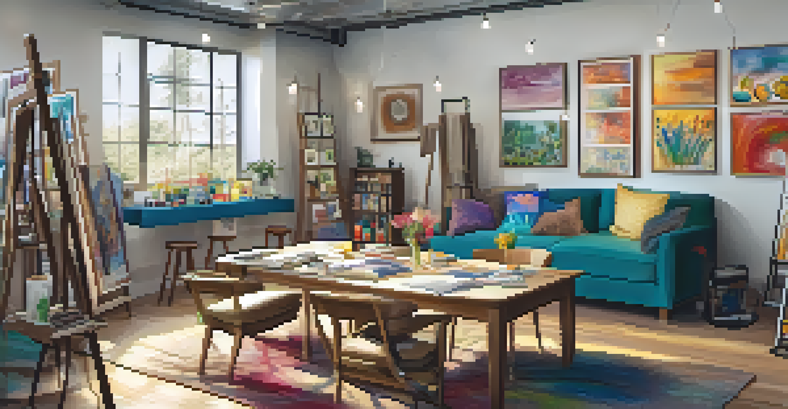 A warm and inviting art therapy space filled with colorful artworks and art supplies, designed for creative expression and reflection.