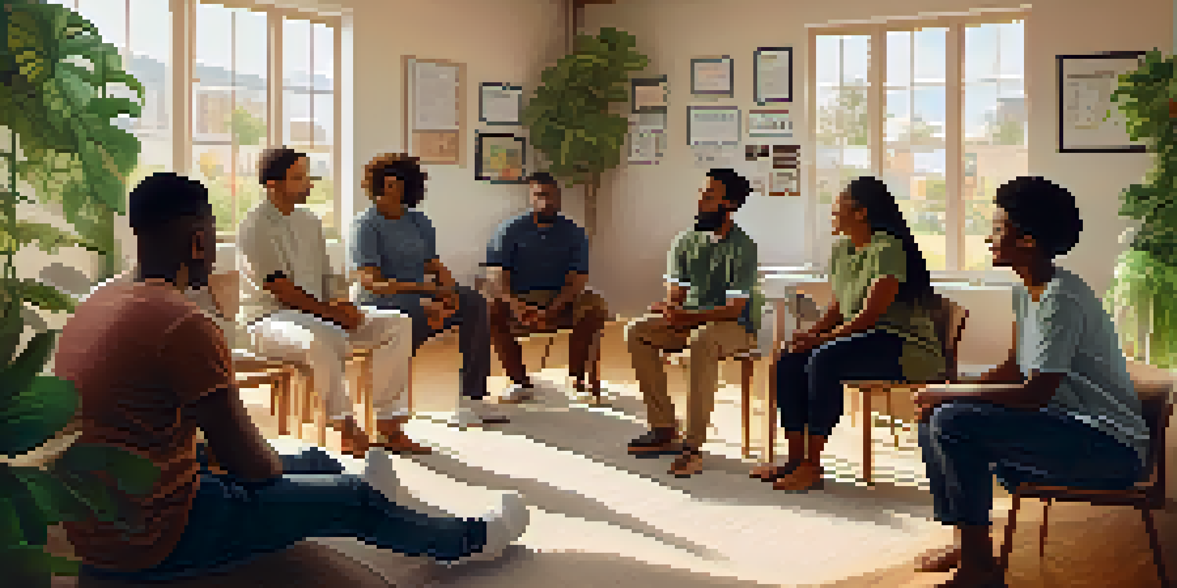 A diverse group of people discussing support in a bright community center, showing empathy and understanding.