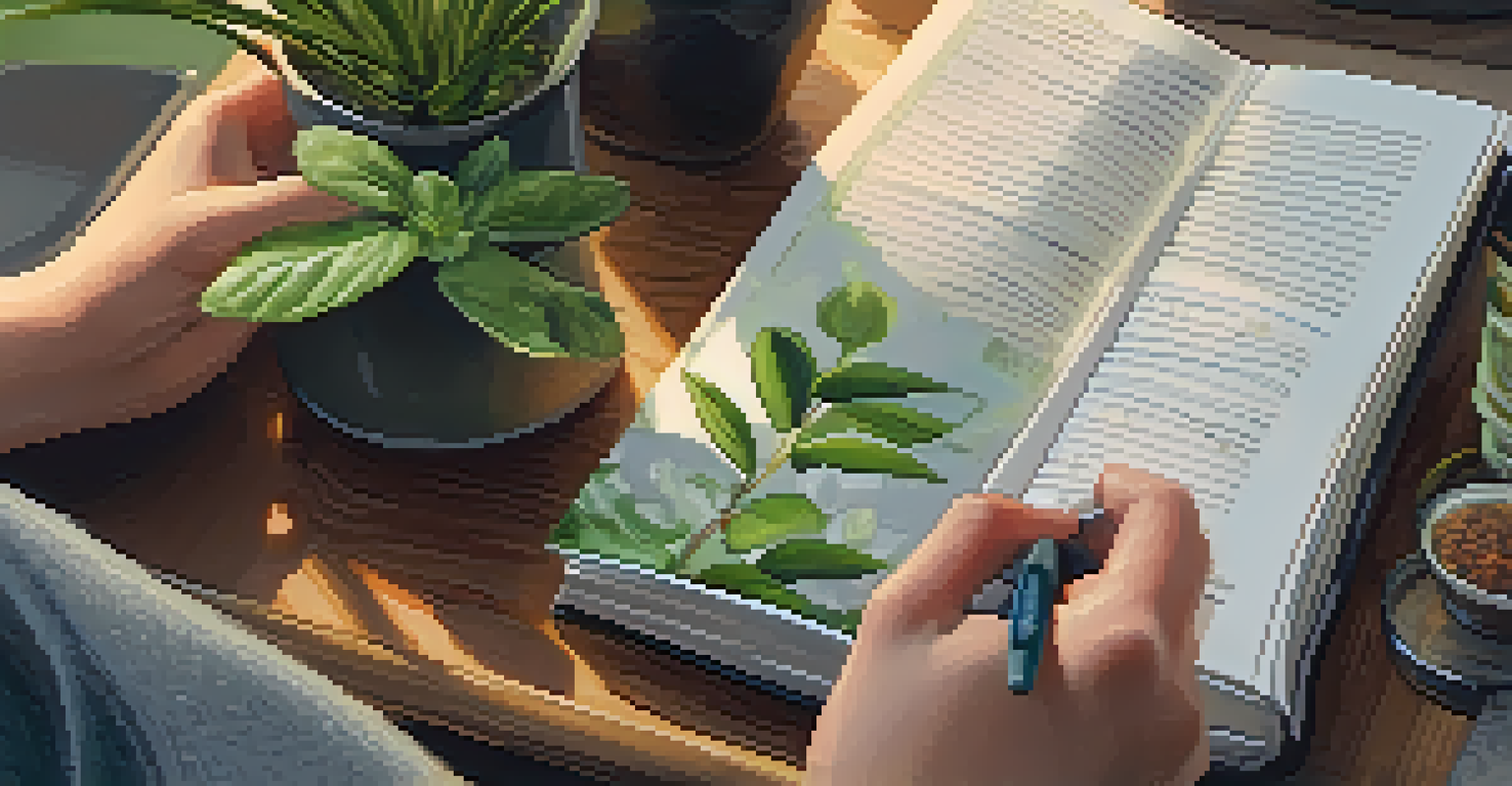 Close-up of hands holding a journal and cup of tea in a cozy room, symbolizing self-care.