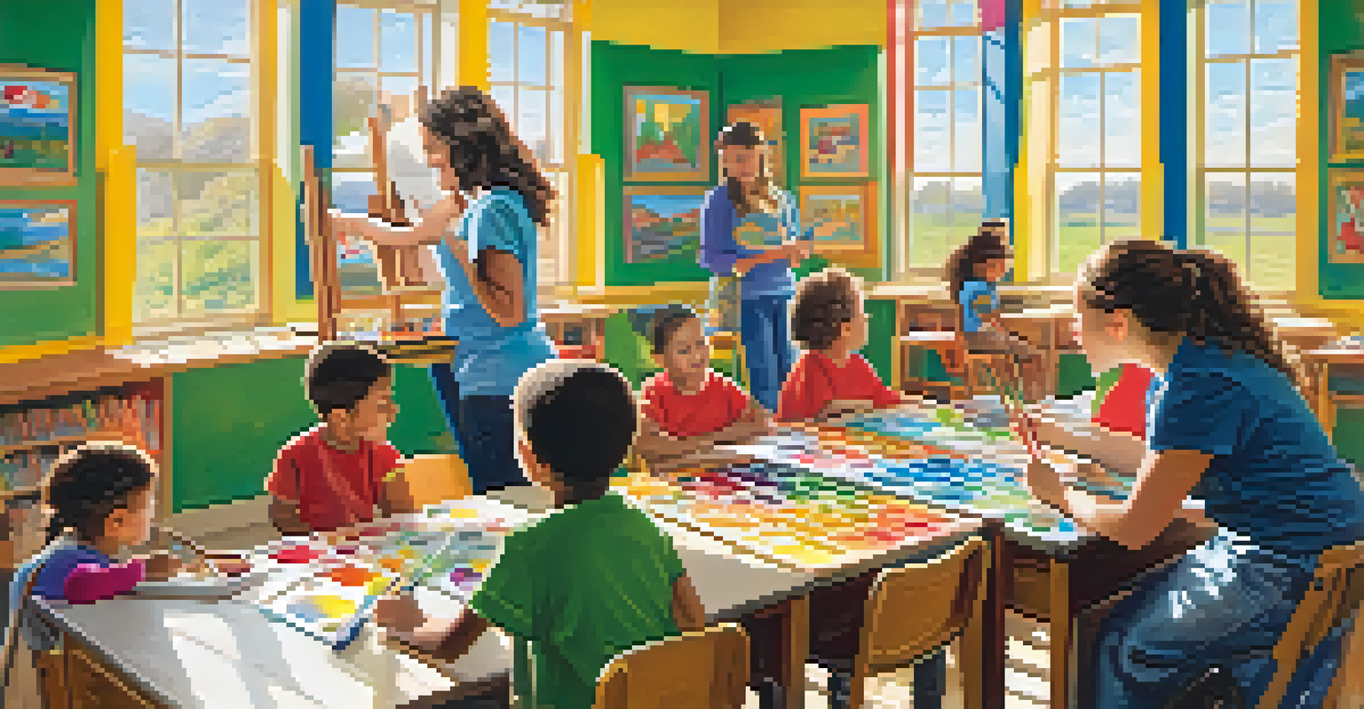 A volunteer teaching children how to paint in a bright classroom filled with colorful artwork.