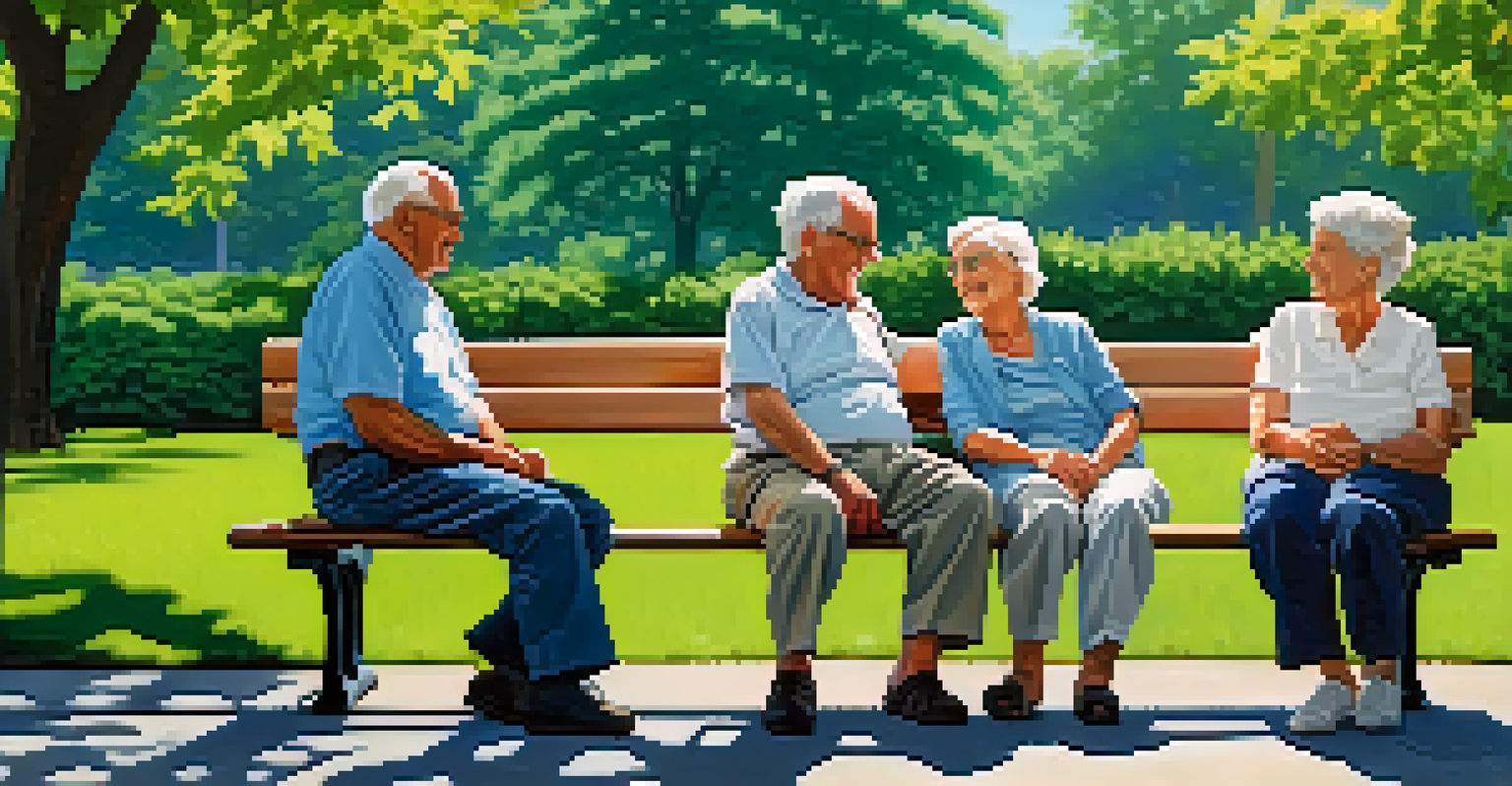 A group of older adults sitting on a park bench, smiling and conversing, surrounded by trees and flowers.