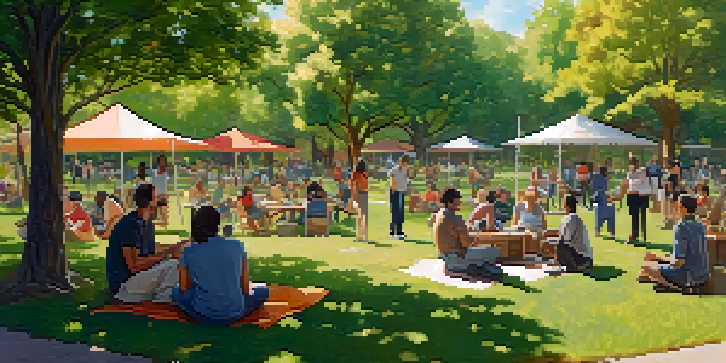 A vibrant community gathering in a park, showcasing diverse individuals engaged in supportive conversations under the sunlight.
