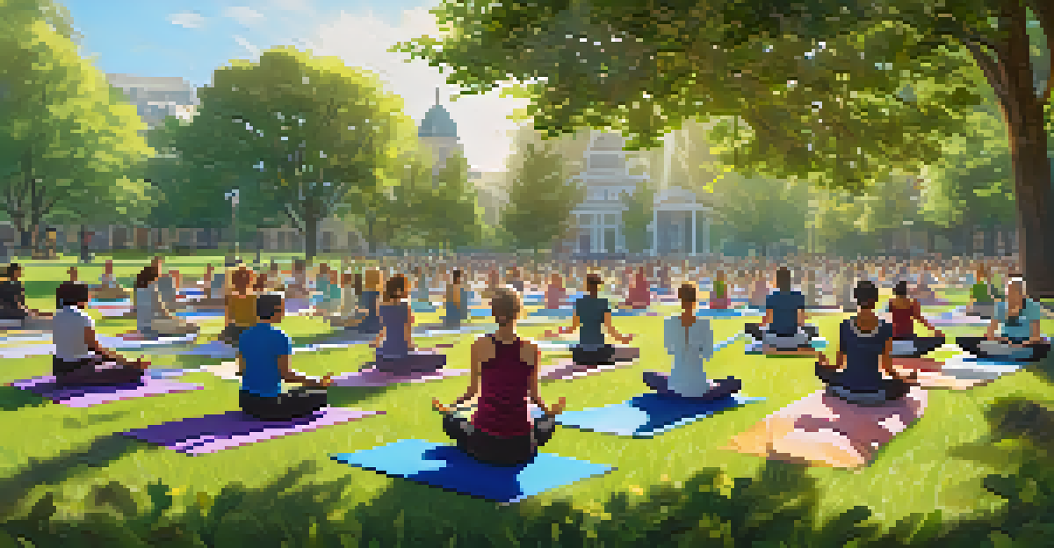 People of different ages participating in a group yoga session in a sunny park surrounded by trees.