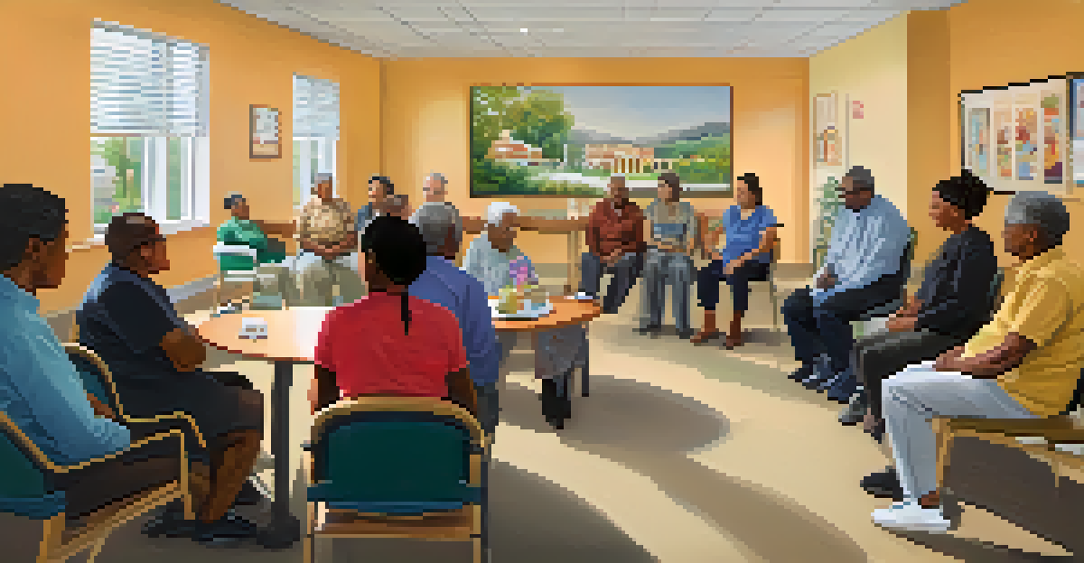 A community meeting in a healthcare facility where staff members are listening to local residents discuss their cultural needs in a warm and inviting atmosphere.