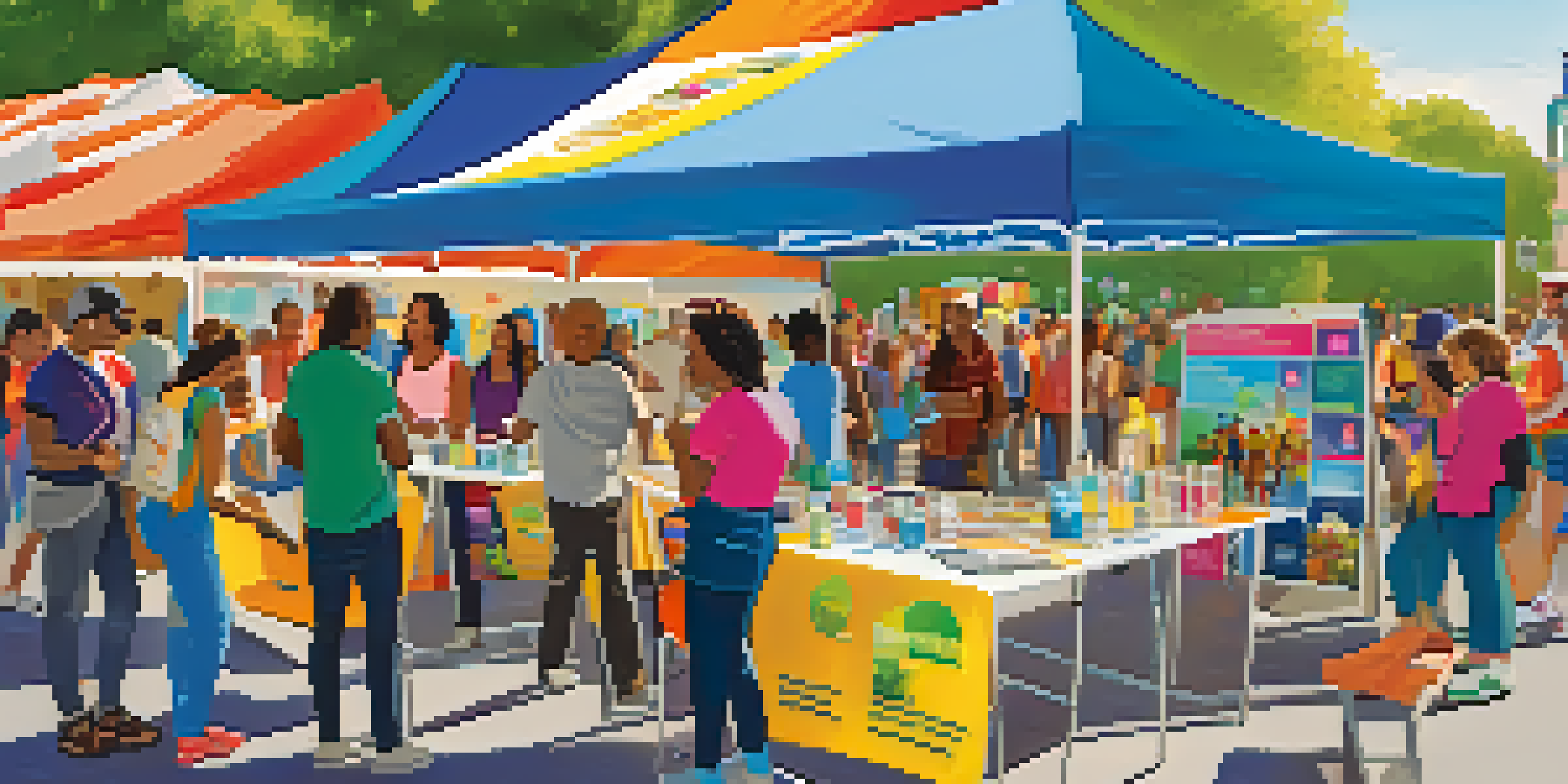 A community health fair with colorful booths and diverse attendees engaging in addiction awareness activities under a sunny sky.