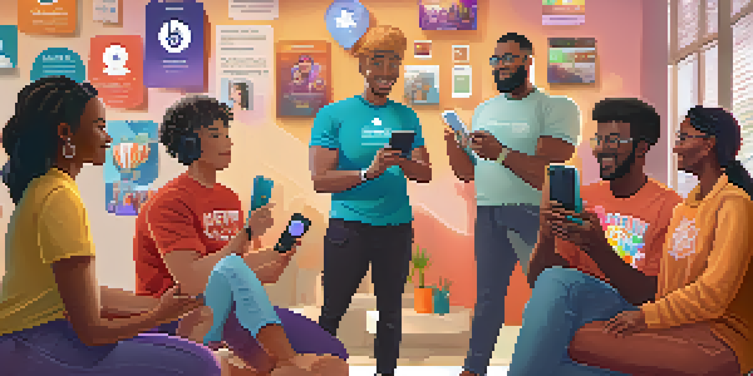 A diverse group of individuals in a cozy room, engaging with a gamified recovery app on their smartphones, with colorful badges and points in the atmosphere.
