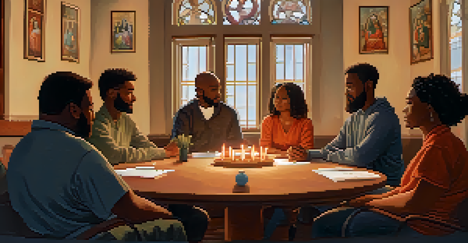 A diverse group of people sitting in a circle in a warmly lit room, sharing their recovery stories during a faith-based support group meeting.