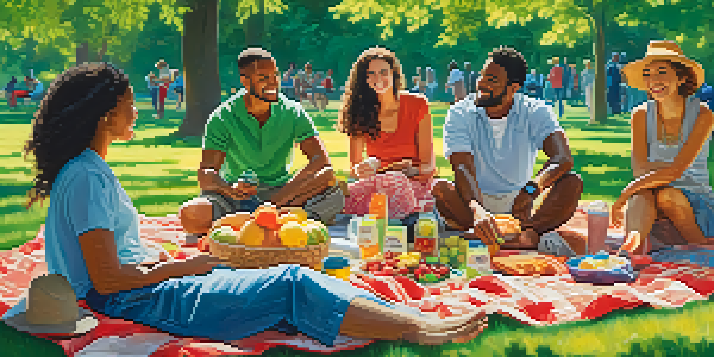 A diverse group of people having a joyful picnic in a sunny park, surrounded by nature.
