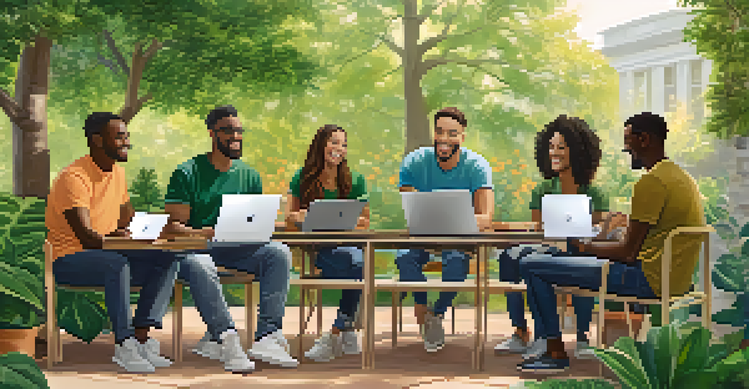A virtual support group meeting outdoors, with participants in various natural settings, each engaged via laptops or tablets, smiling and interacting with each other.