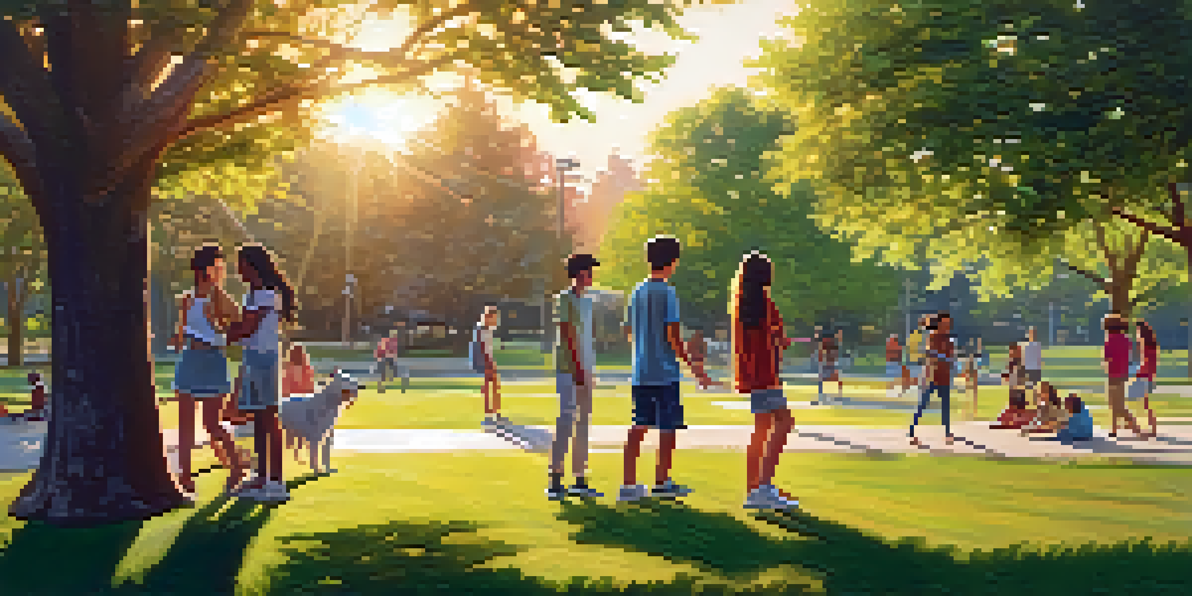 A group of diverse teenagers playing in a park during sunset, displaying happiness and camaraderie.