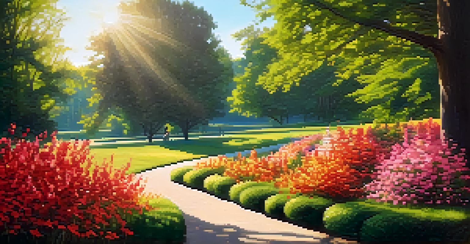 A peaceful park with a walking path, flowers, and sunlight filtering through trees, representing hope and recovery.