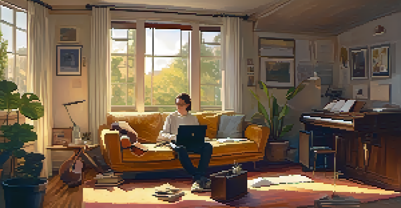 A person engaged in songwriting on a couch, surrounded by notebooks and a guitar in a warm, intimate setting.