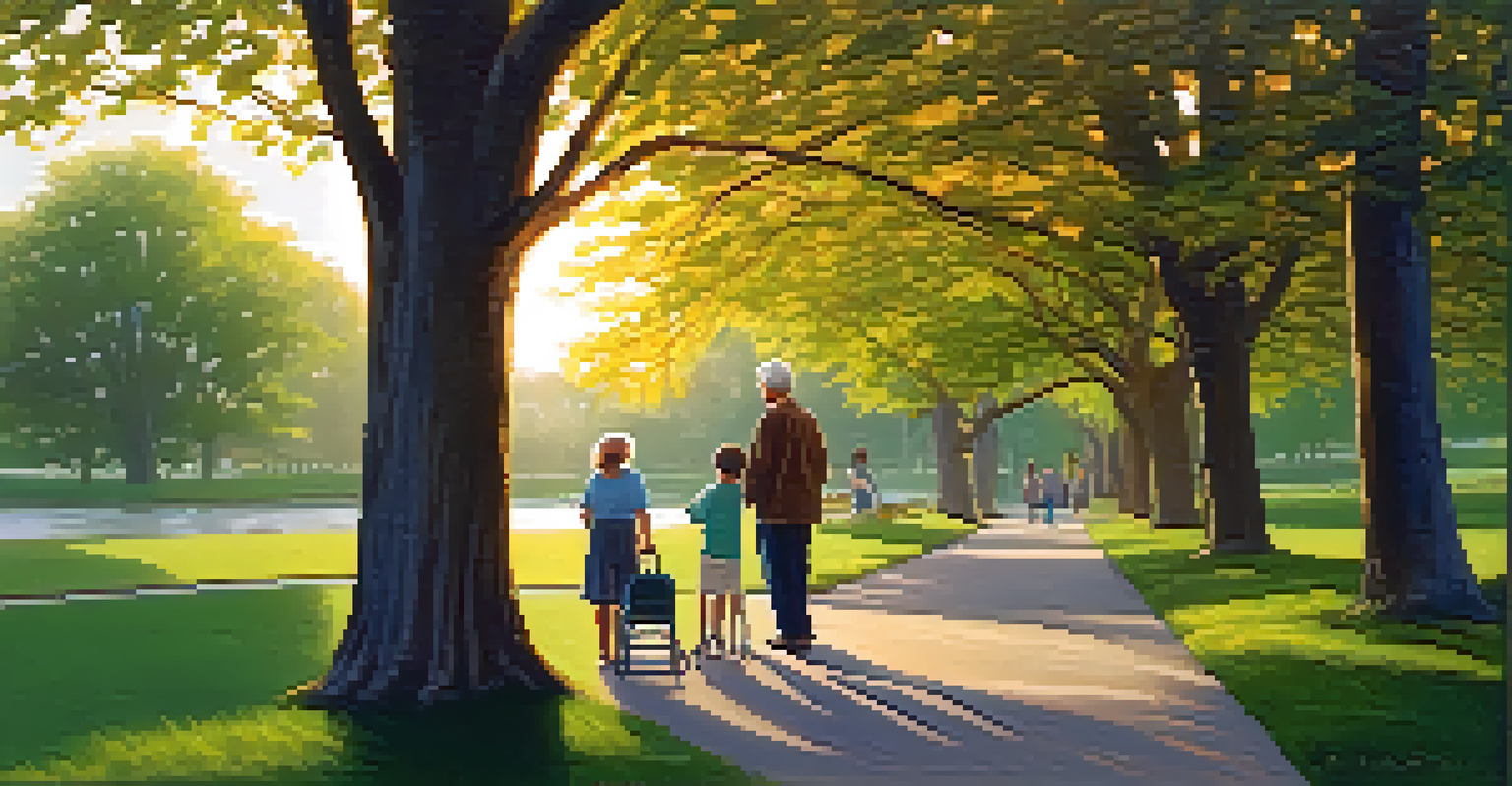 An elderly man walking in a park with a family member, surrounded by trees and a warm sunset, embodying support and companionship.