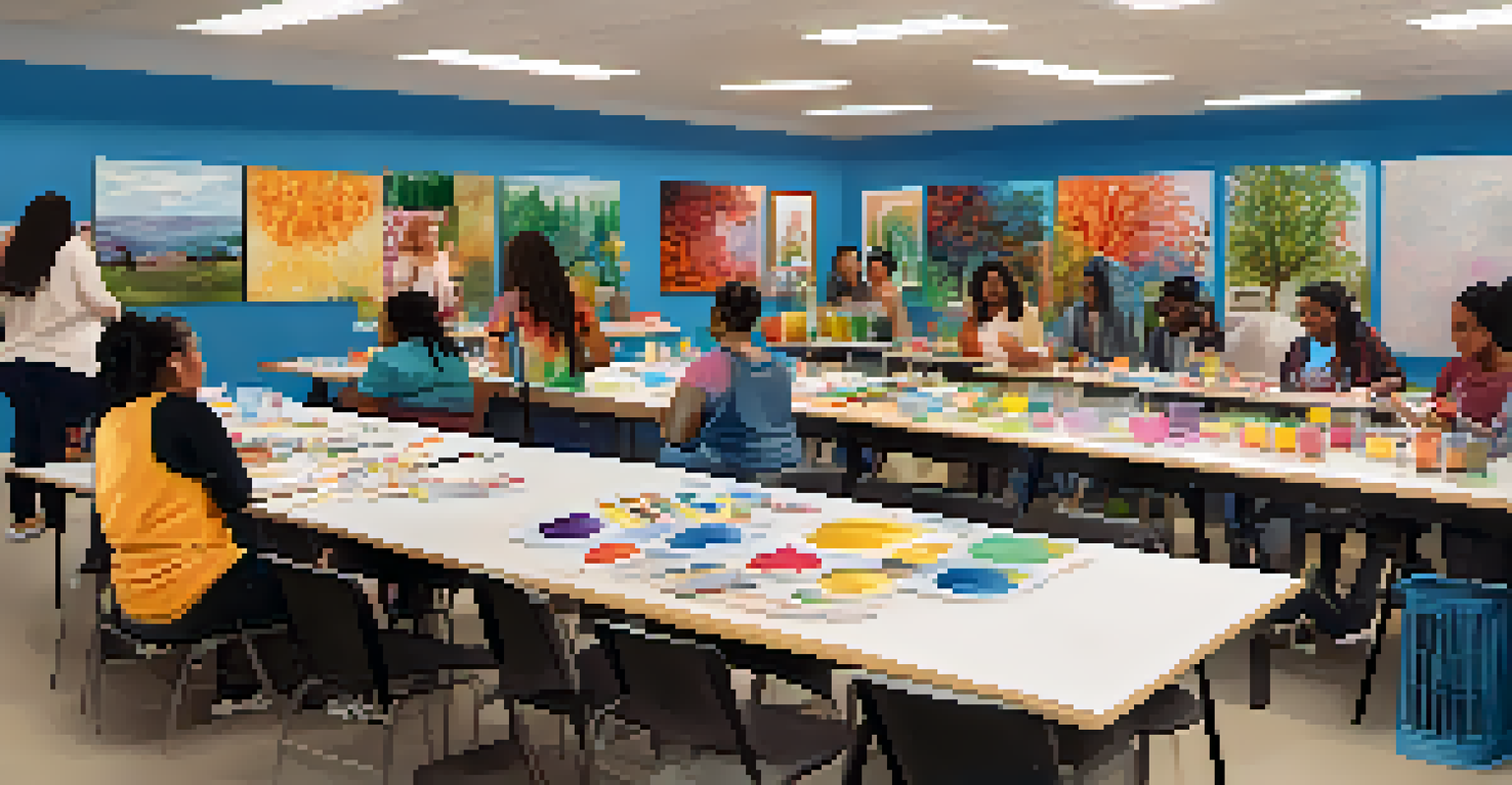 A lively community center workshop with people painting, crafting, and engaging in discussions in a colorful environment.