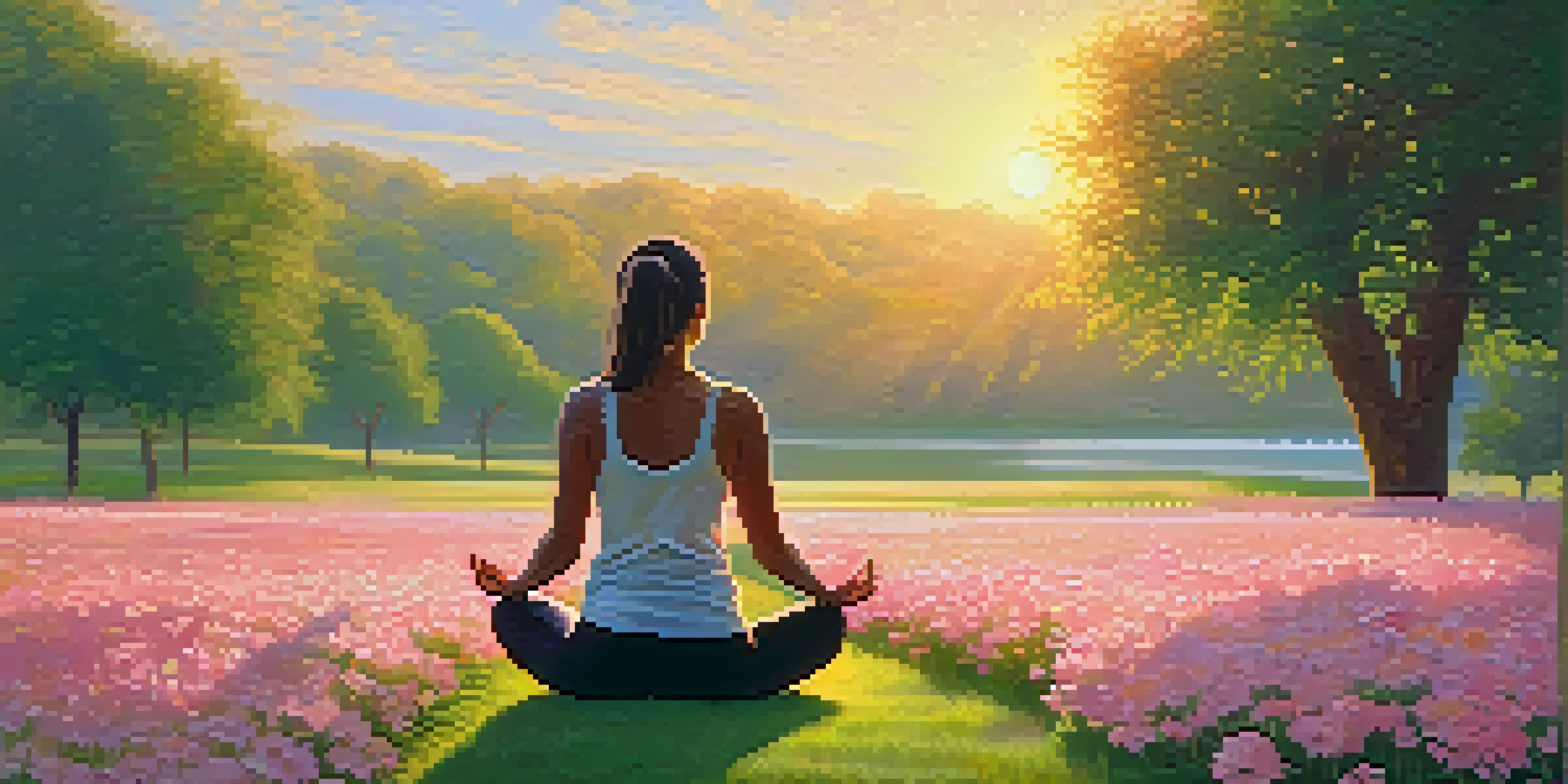 A person practicing yoga in a sunny park surrounded by green grass and flowers, with a sunrise in the background.