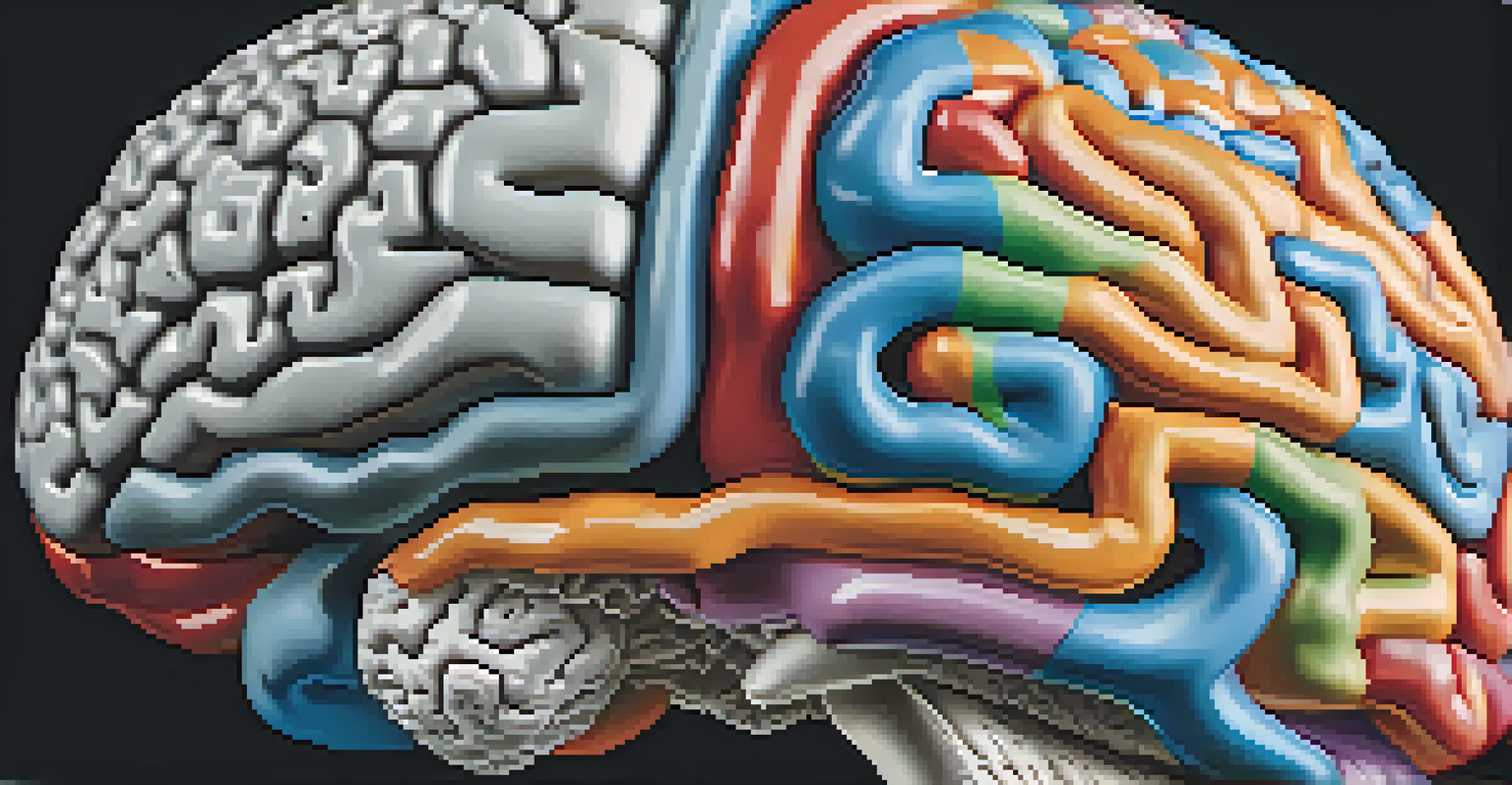 A detailed close-up of a brain model highlighting its structure and functions against a dark background.