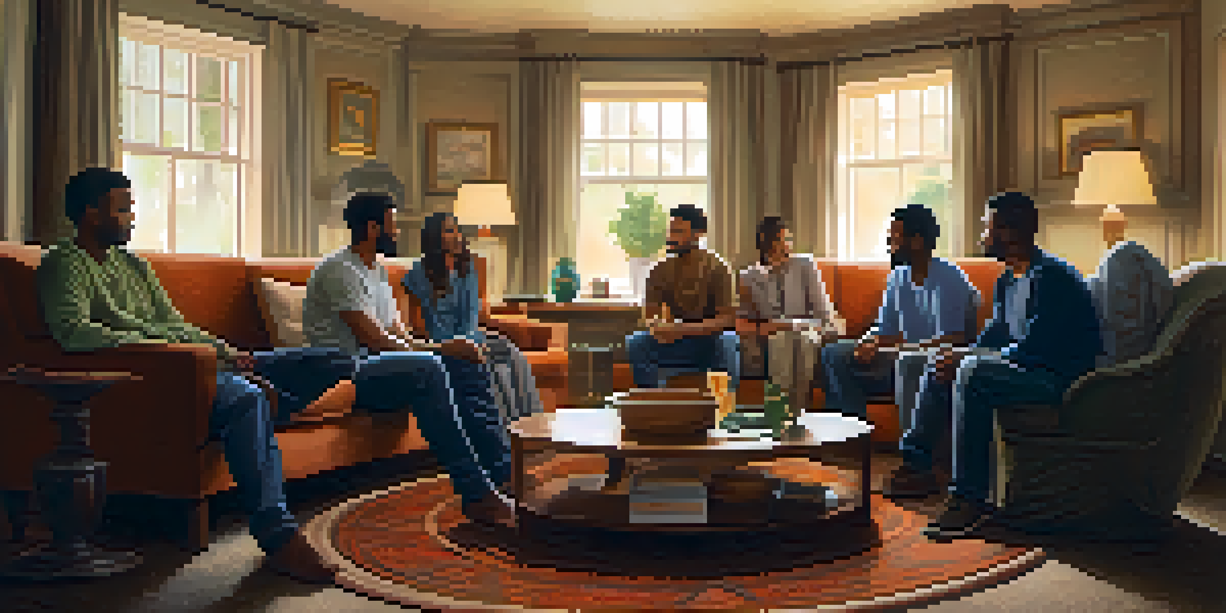 A group of diverse people sitting in a circle in a cozy room, sharing empathetic conversations with warm lighting.