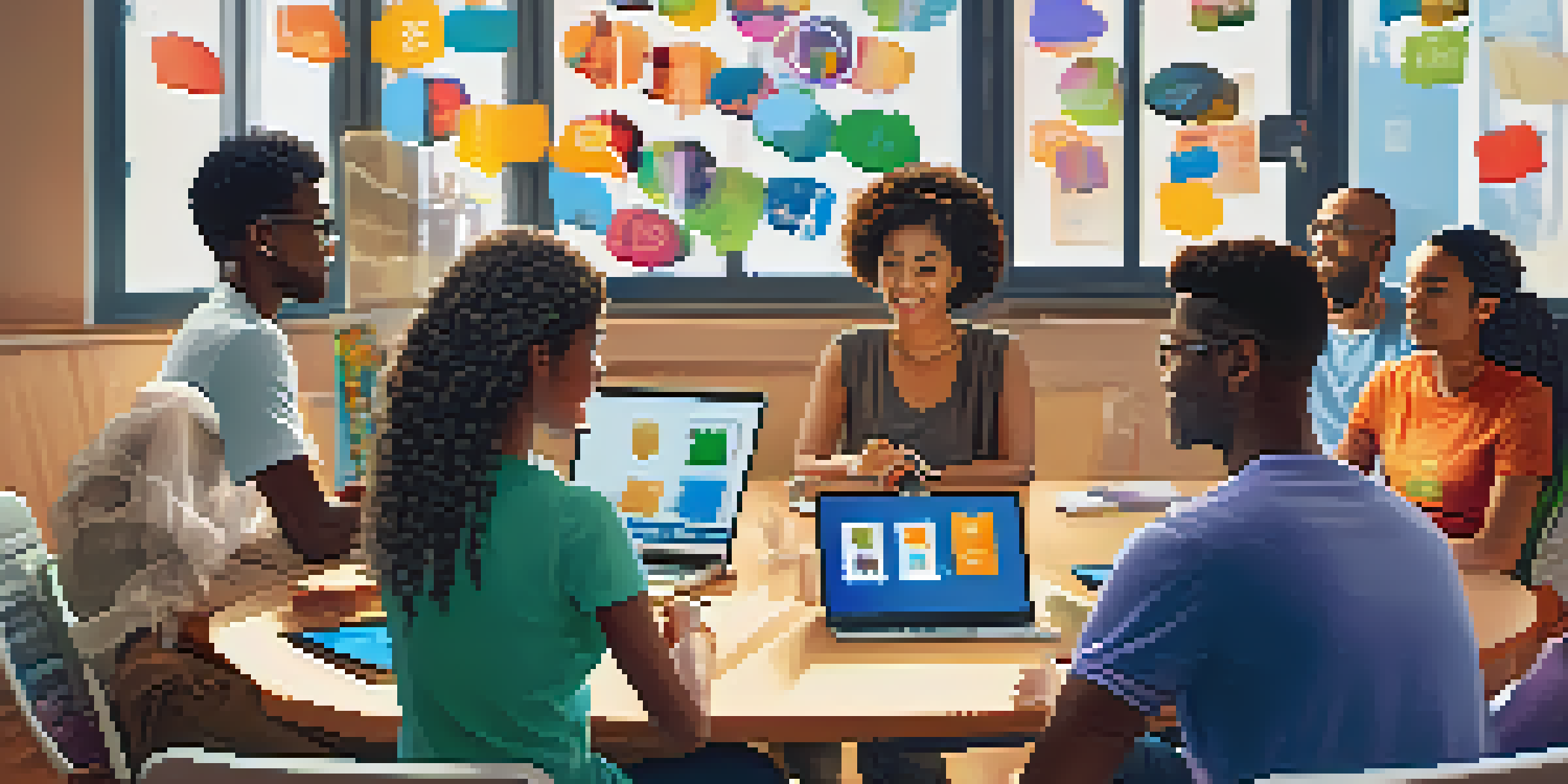 A diverse group of individuals engaged in a digital literacy workshop around a round table with laptops and educational materials.