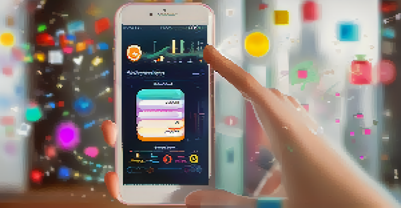 Close-up of a smartphone with a gamified recovery app interface showing progress graphs and badges, with a hand reaching towards the screen.